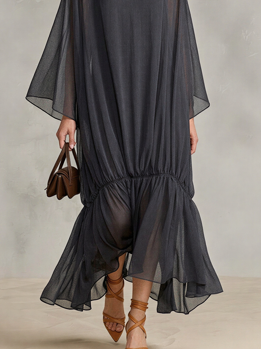 Women's Dark Gray Sheer Chiffon Maxi Dress With Turtleneck Cape Batwin – Modesees