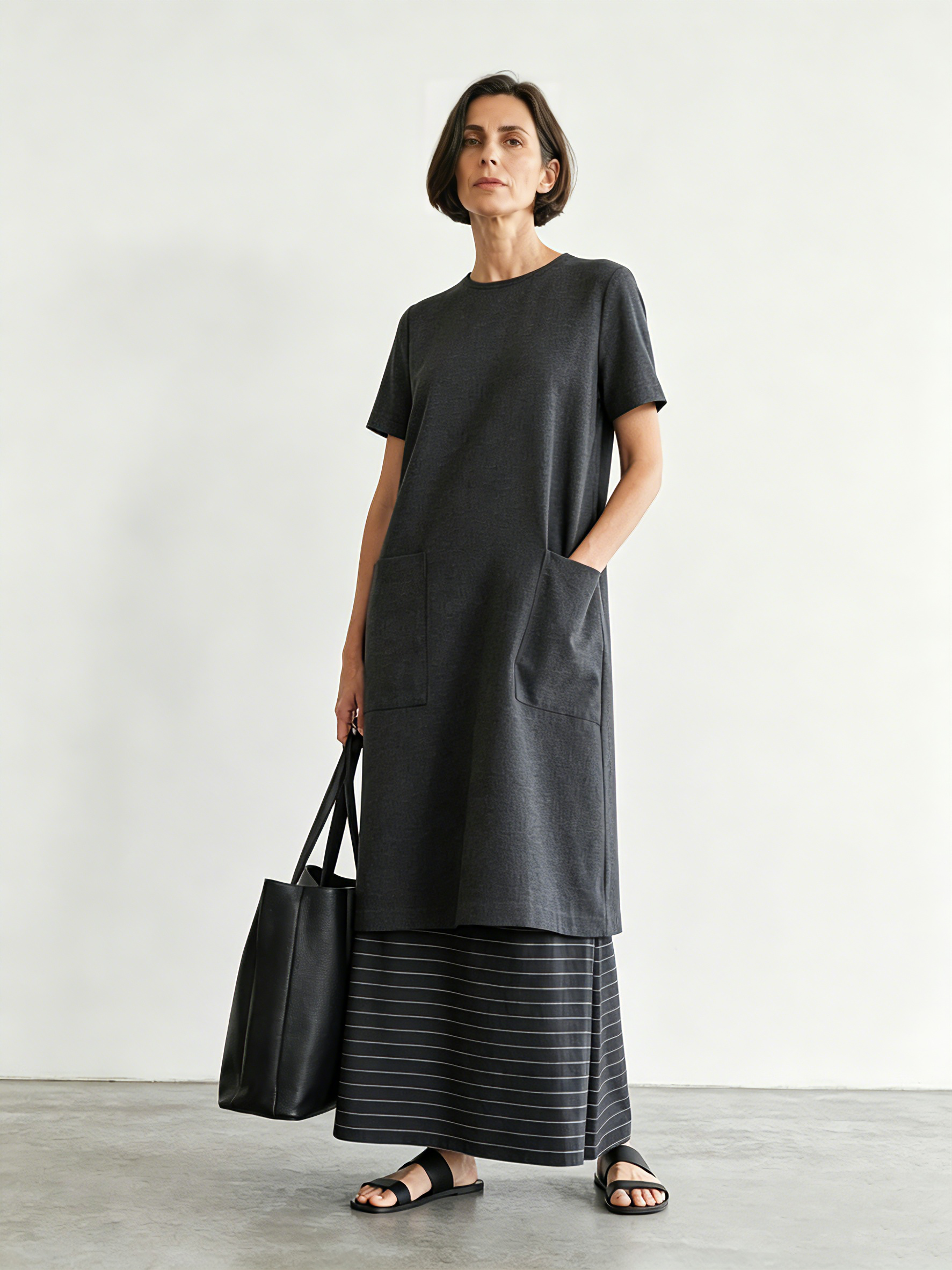 Women's Minimalist Color-Block Striped Short-Sleeve Maxi Dress MDZ3052F9WY