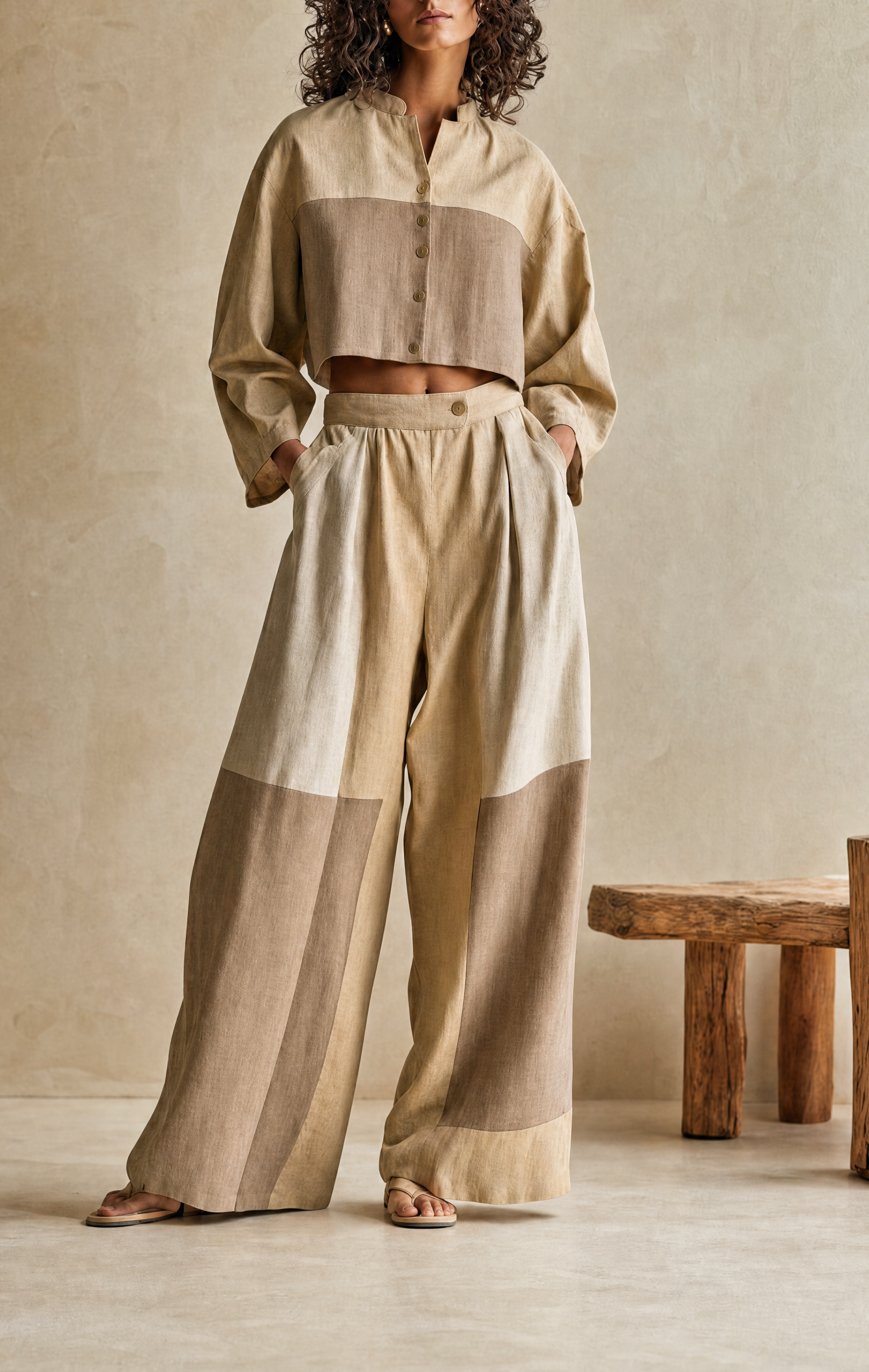 Women's Relax Vacation Khaki Color Block Stand Collar Long Sleeve Cropped Top & Wide Leg Pants Set MDZ0642G5Q