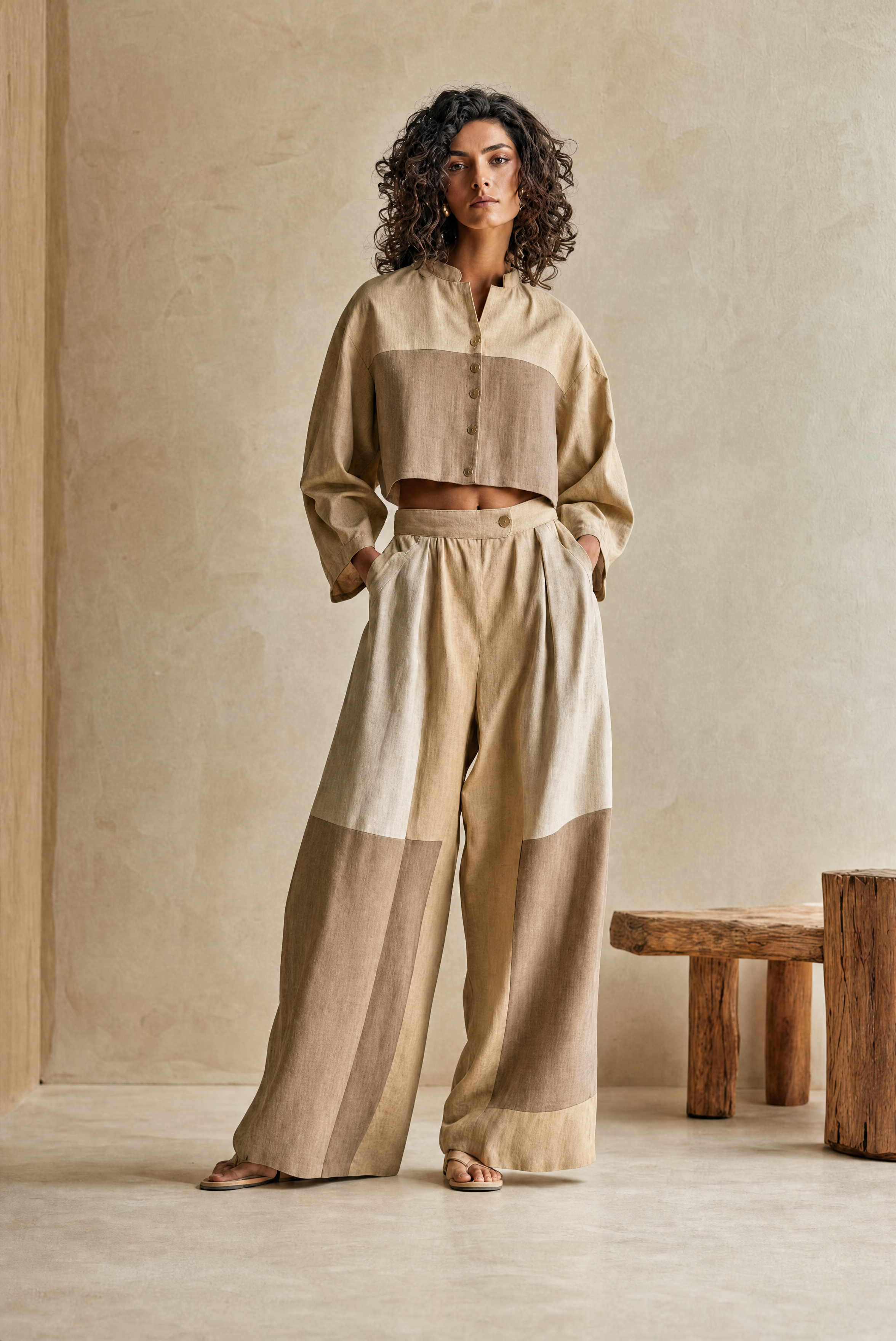 Women's Relax Vacation Khaki Color Block Stand Collar Long Sleeve Cropped Top & Wide Leg Pants Set MDZ0642G5Q