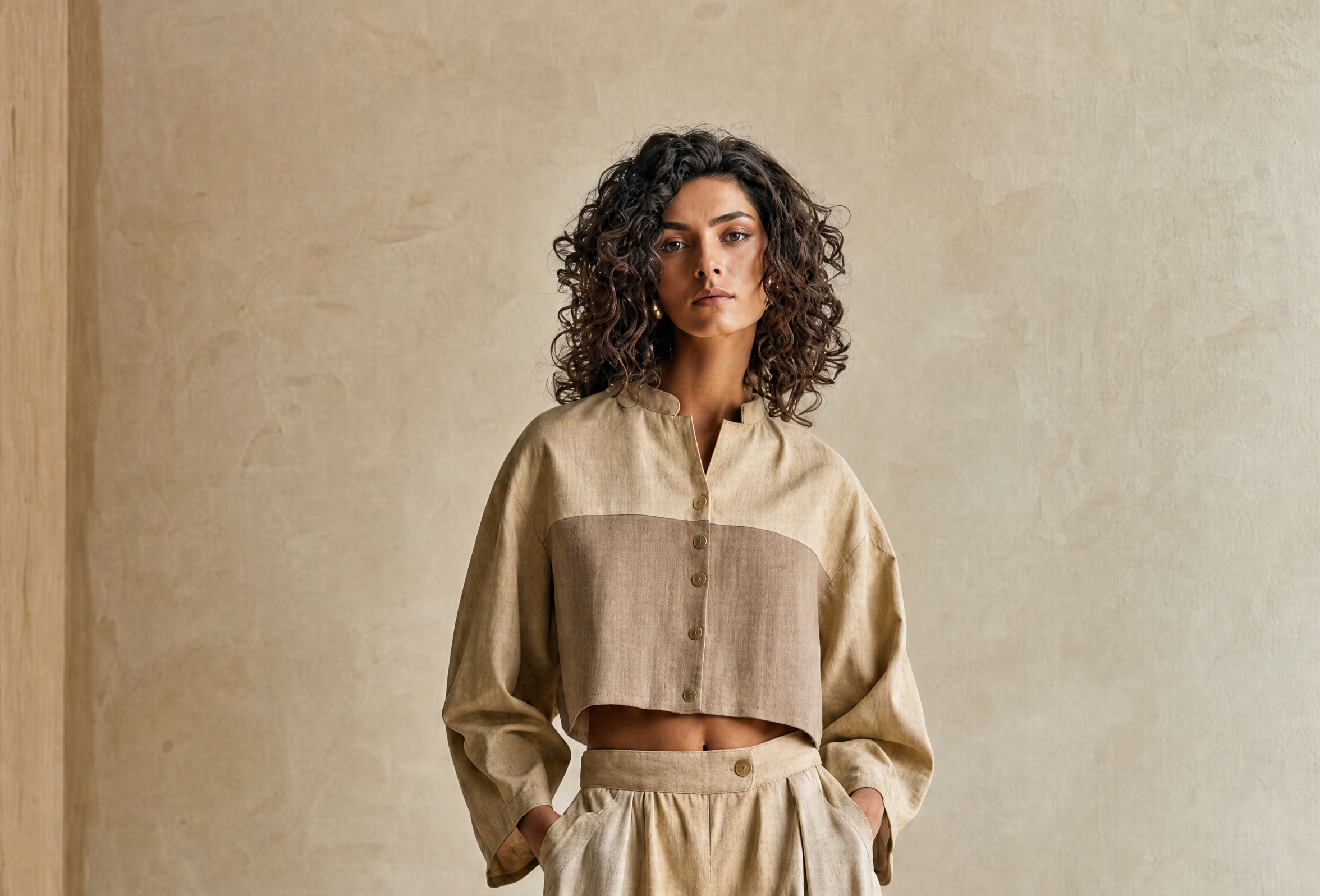 Women's Relax Vacation Khaki Color Block Stand Collar Long Sleeve Cropped Top & Wide Leg Pants Set MDZ0642G5Q