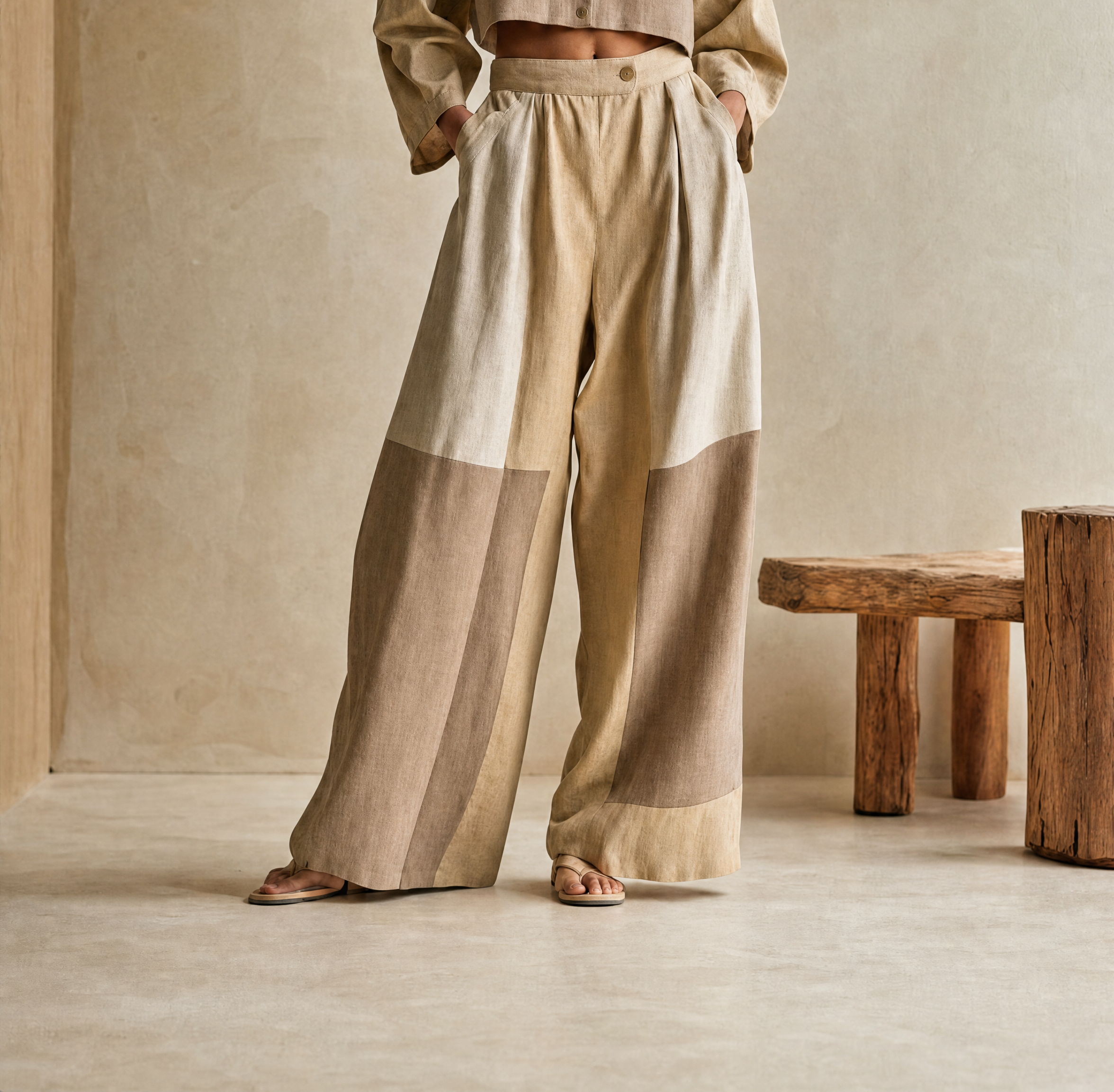 Women's Relax Vacation Khaki Color Block Stand Collar Long Sleeve Cropped Top & Wide Leg Pants Set MDZ0642G5Q