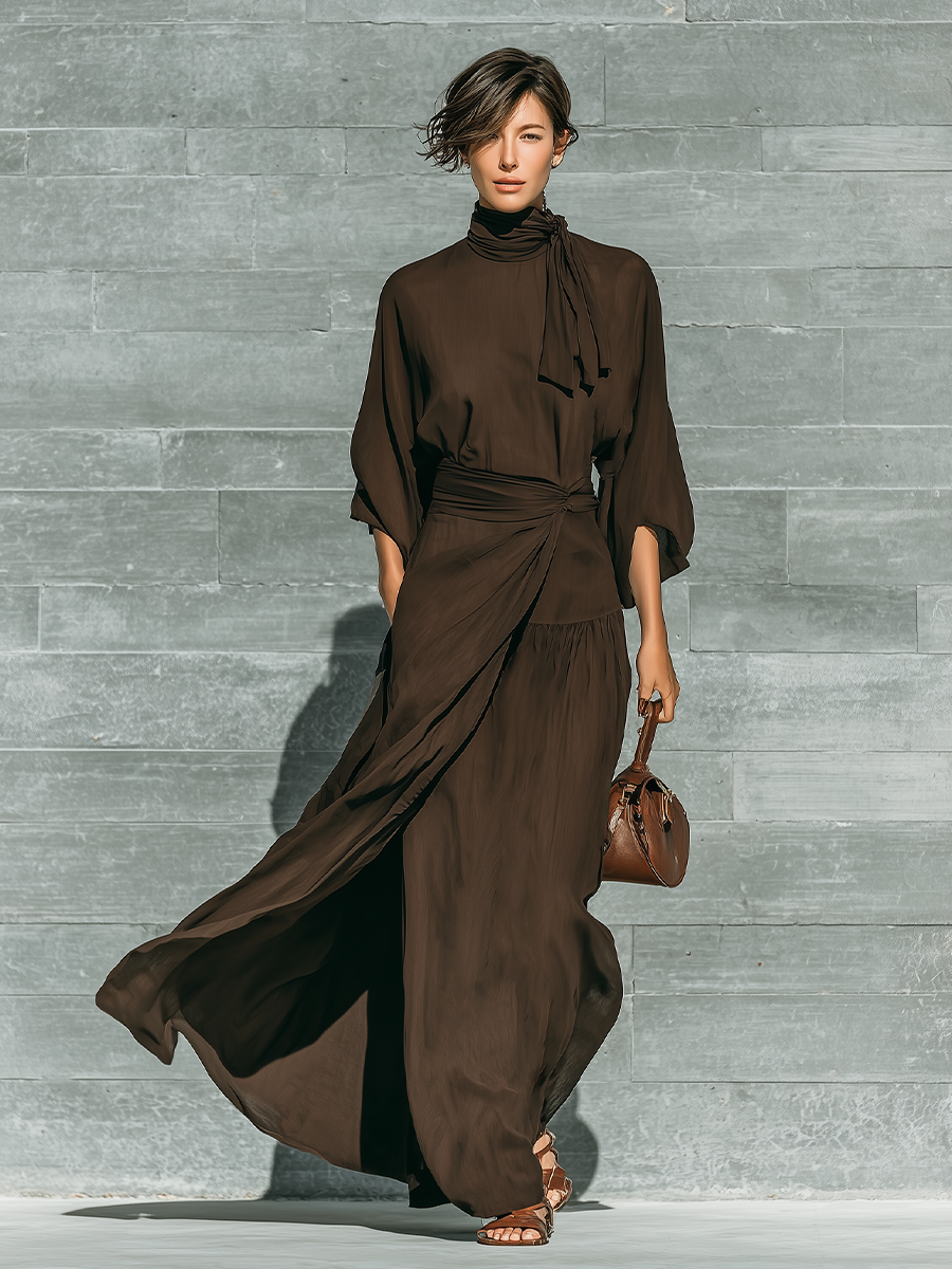Women's Dark Brown Matte Satin Tie-Neck Three-Quarter Sleeve Dress MDZ – Modesees