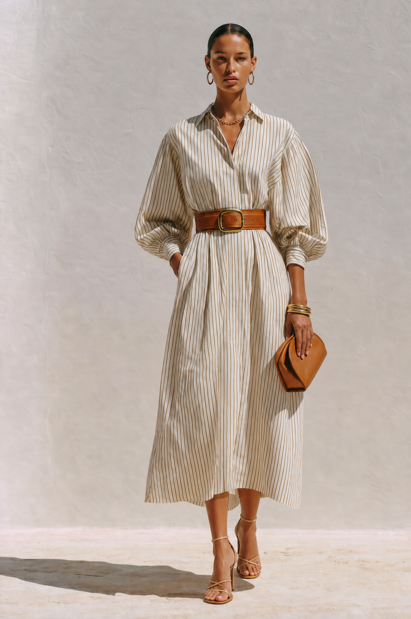Women's Elegant Ivory Cotton Blend Pinstripe Collared Button-Front Balloon Sleeve Belted Midi Shirt DressMDZ0739G0ZSQ