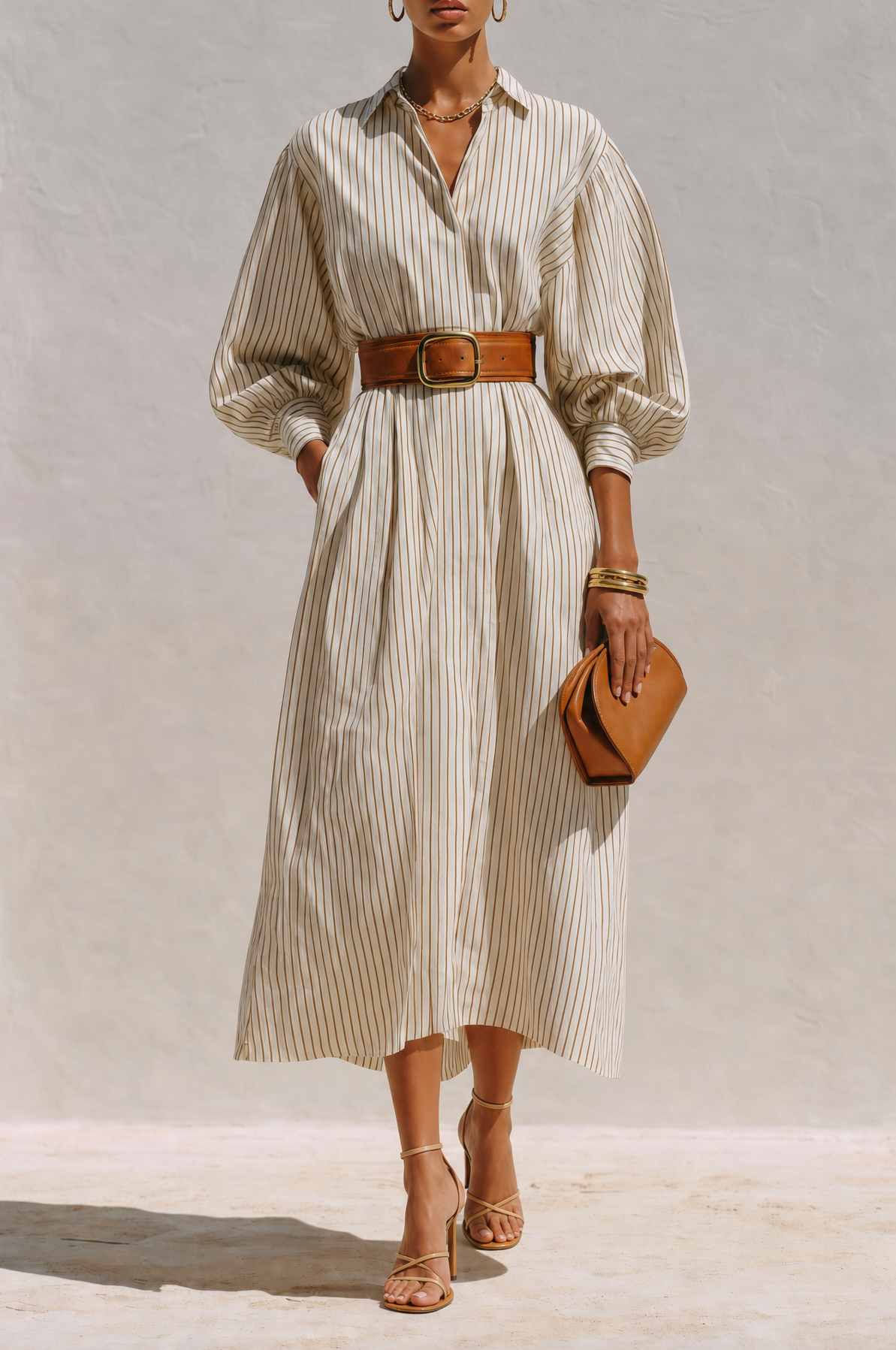 Women's Elegant Ivory Cotton Blend Pinstripe Collared Button-Front Balloon Sleeve Belted Midi Shirt DressMDZ0739G0ZSQ