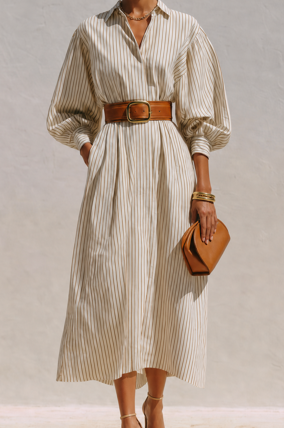 Women's Elegant Ivory Cotton Blend Pinstripe Collared Button-Front Balloon Sleeve Belted Midi Shirt DressMDZ0739G0ZSQ