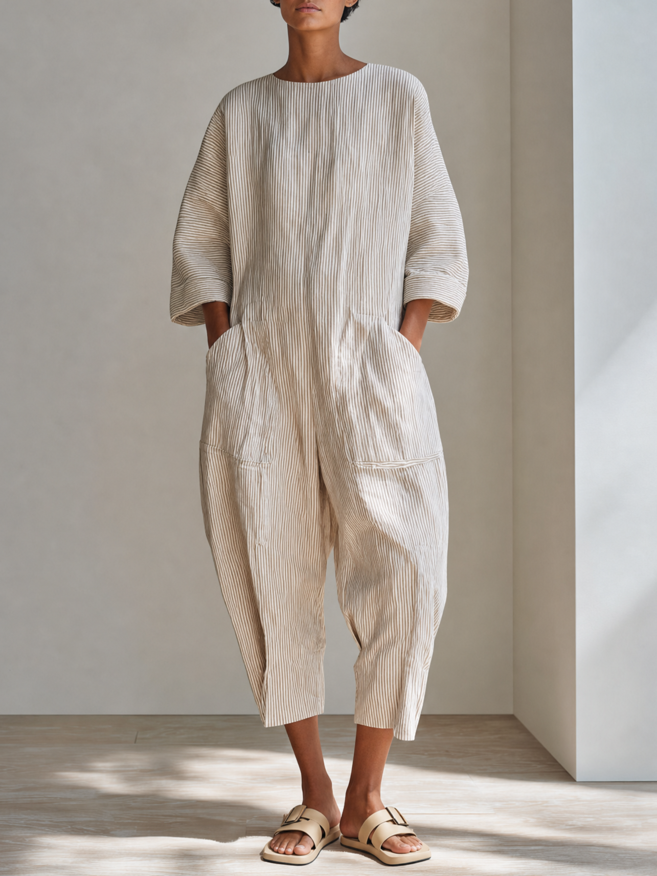 Women's Minimalist Beige Cotton Linen Blend Pinstripe Round Neck Dropped Shoulder Oversized Cropped JumpsuitMDZ0753G0ZSQ