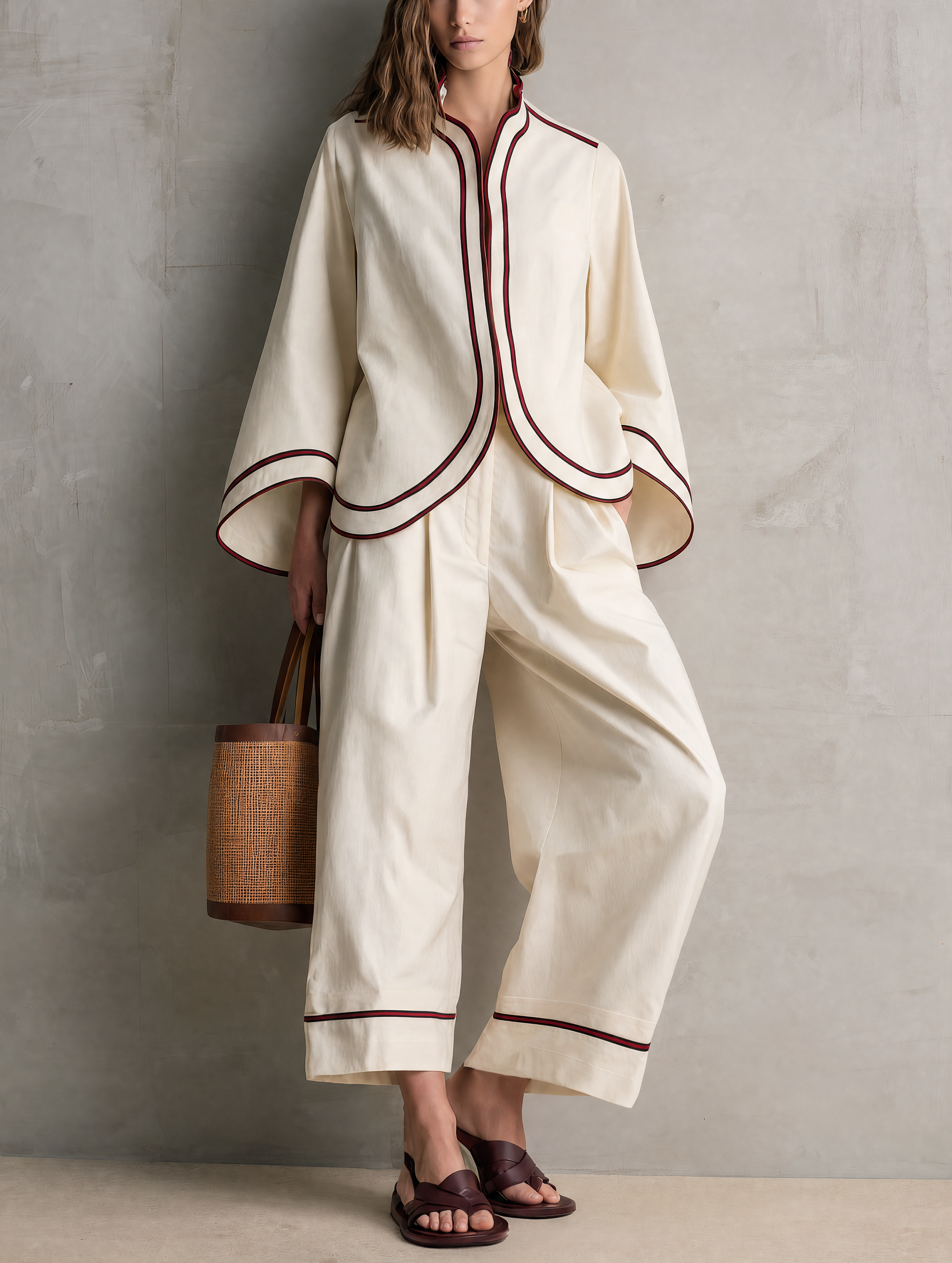 Women's Casual Beige Woven Long-sleeve Jacket And Trousers Set MDZ0748G9LXY