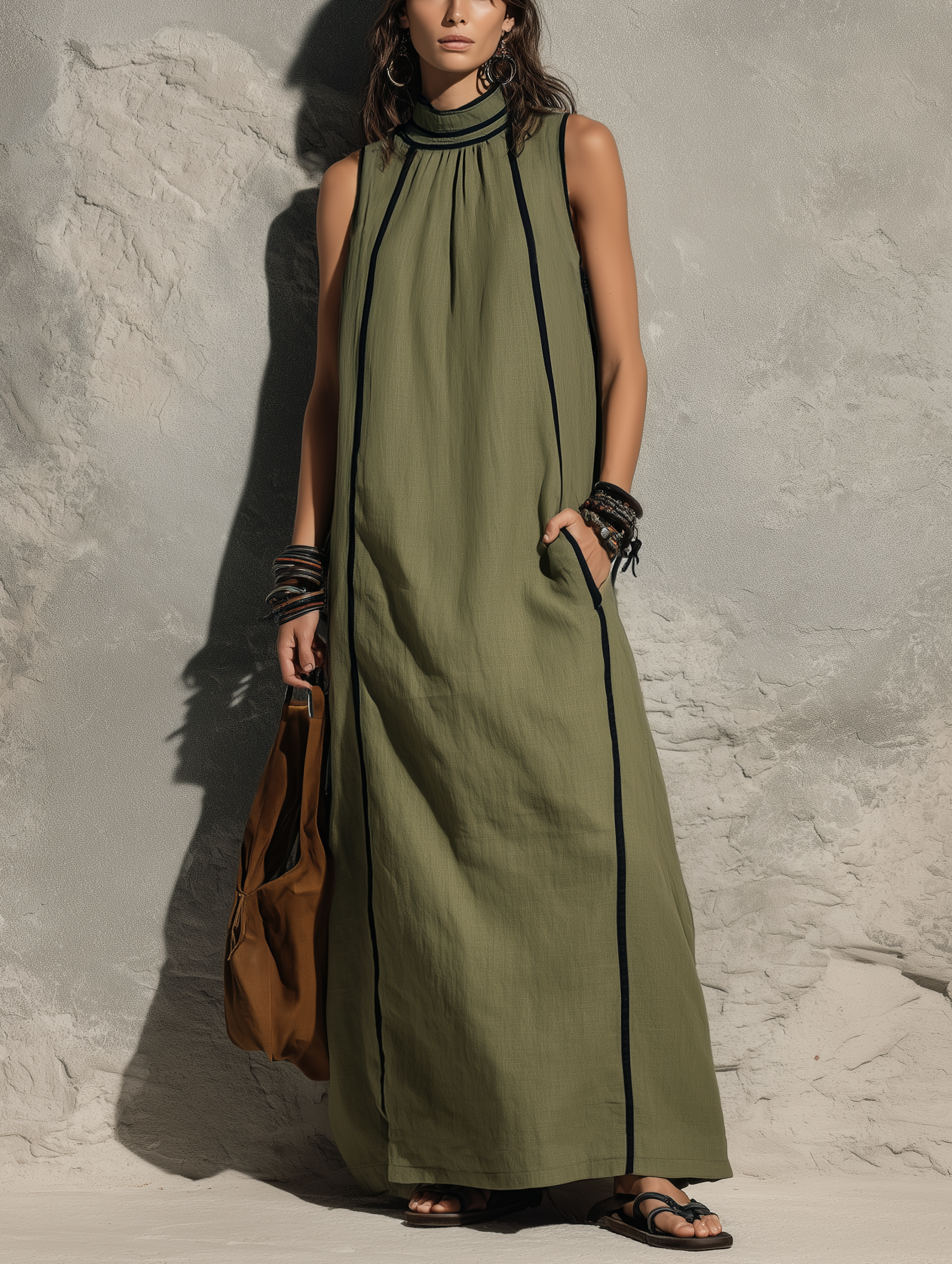 Women's Casual Army Green Cotton-linen Sleeveless Maxi Dress With A High Neck MDZ0762G3LXY