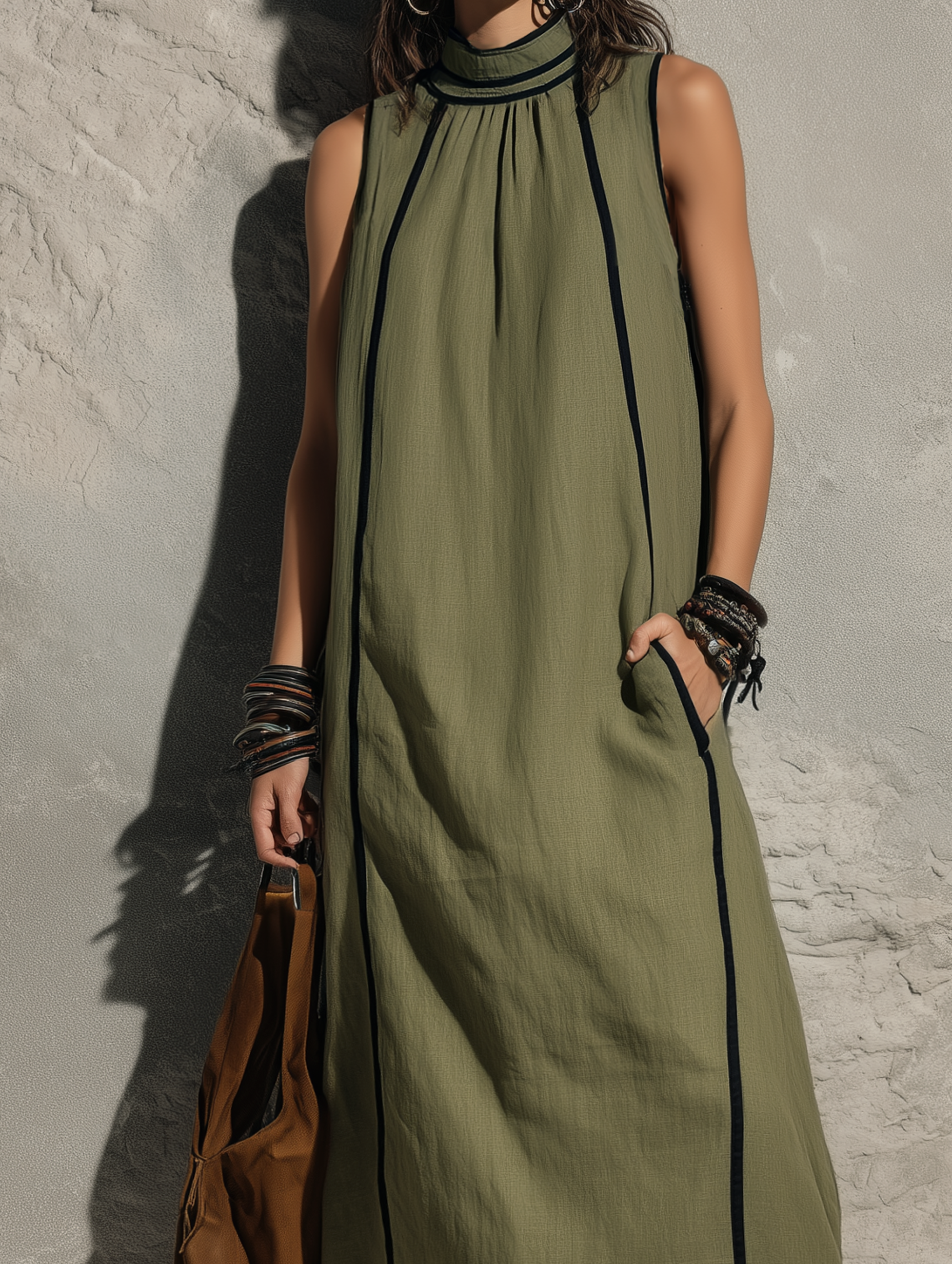 Women's Casual Army Green Cotton-linen Sleeveless Maxi Dress With A High Neck MDZ0762G3LXY