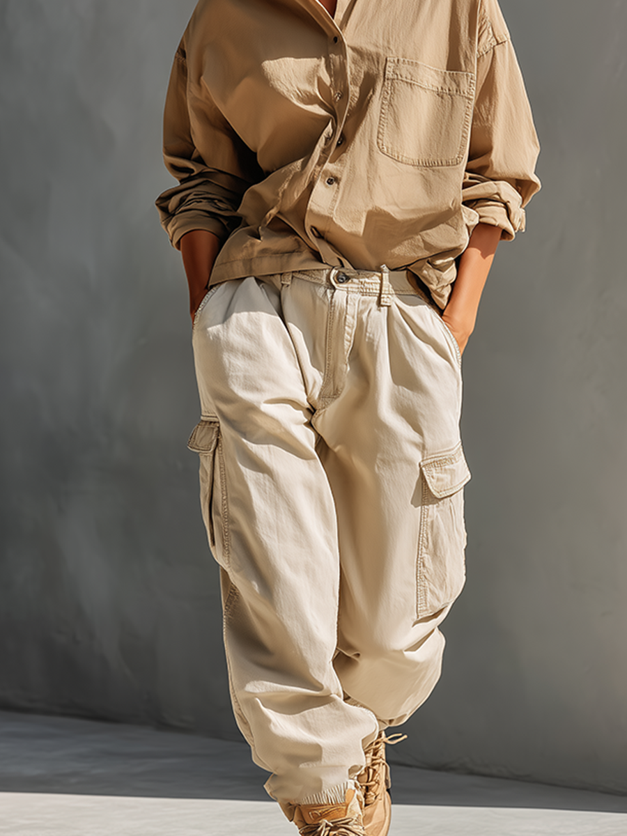 Women's Khaki & Cream Cotton Two-Piece Set With Oversized Chest Pocket Shirt & Multi-Pocket Cargo Jogger Pants, Streetwear Neutral Casual Matching Outfit MDZ0750G3LYL