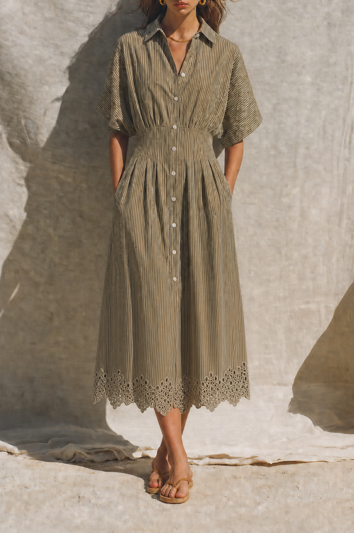 Women's Mediterranean Style Khaki Cotton Blend Striped Collared Button-Front Short Sleeve Eyelet Hem Midi Shirt DressMDZ0780G9ZSQ