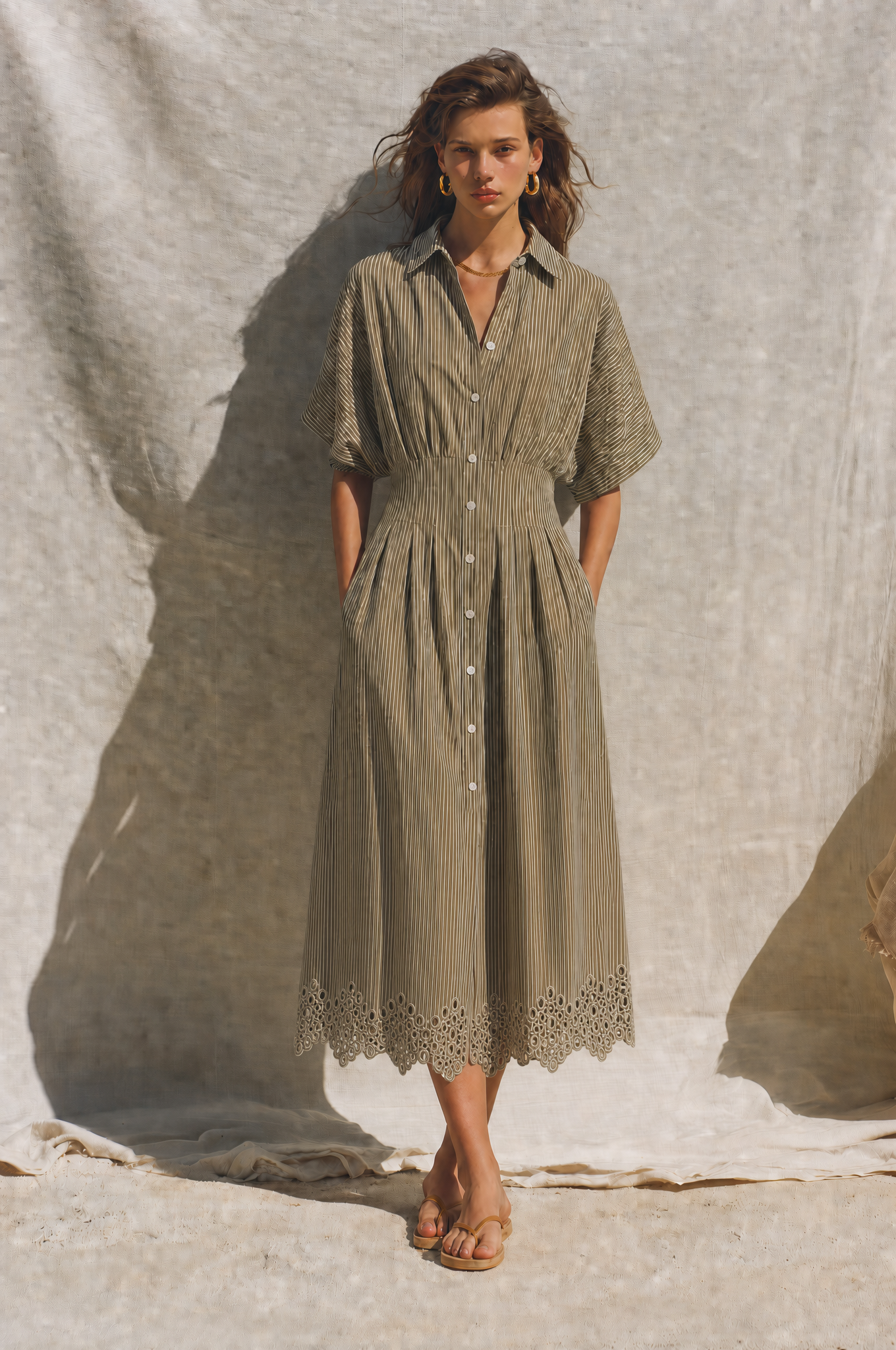 Women's Mediterranean Style Khaki Cotton Blend Striped Collared Button-Front Short Sleeve Eyelet Hem Midi Shirt DressMDZ0780G9ZSQ