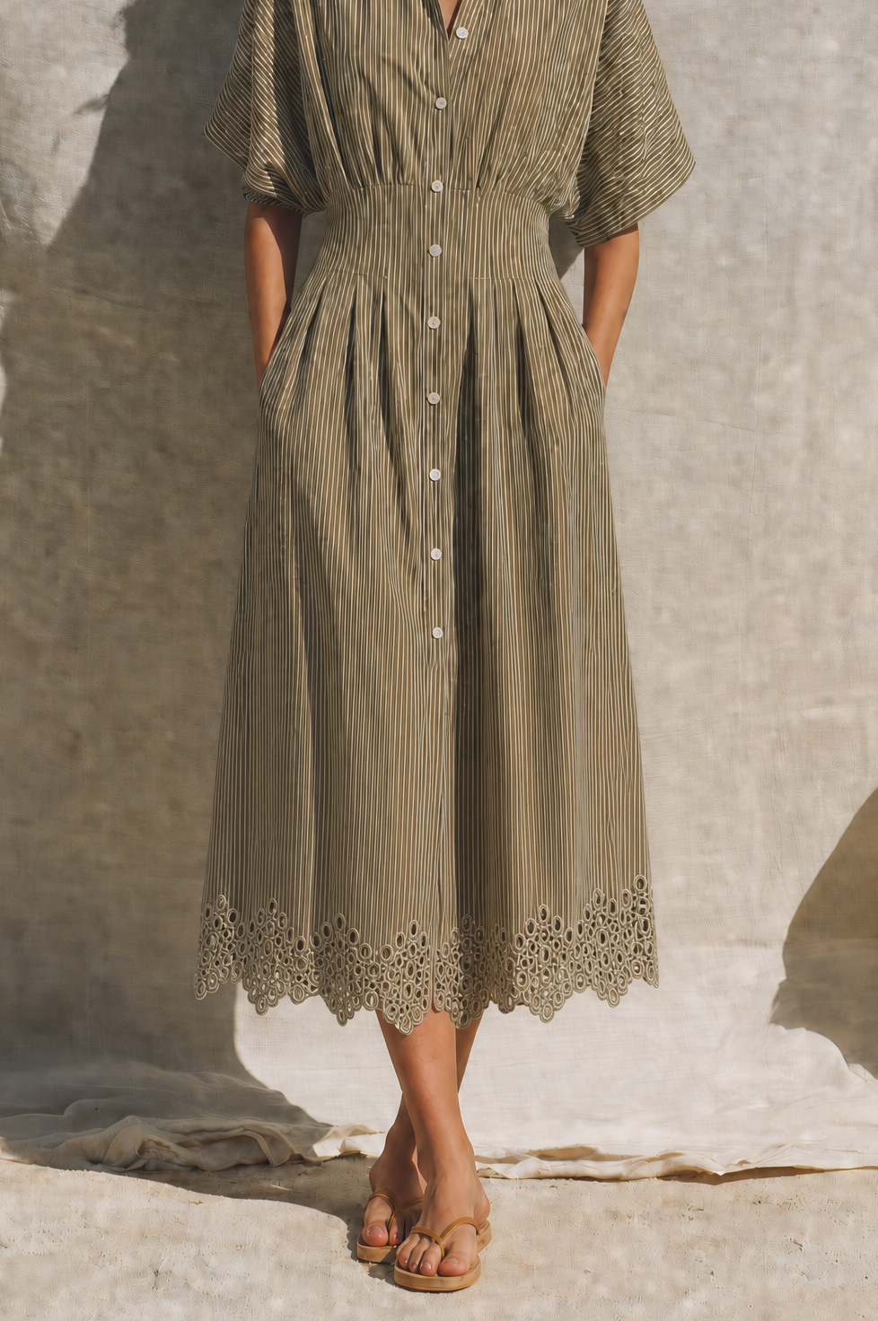 Women's Mediterranean Style Khaki Cotton Blend Striped Collared Button-Front Short Sleeve Eyelet Hem Midi Shirt DressMDZ0780G9ZSQ