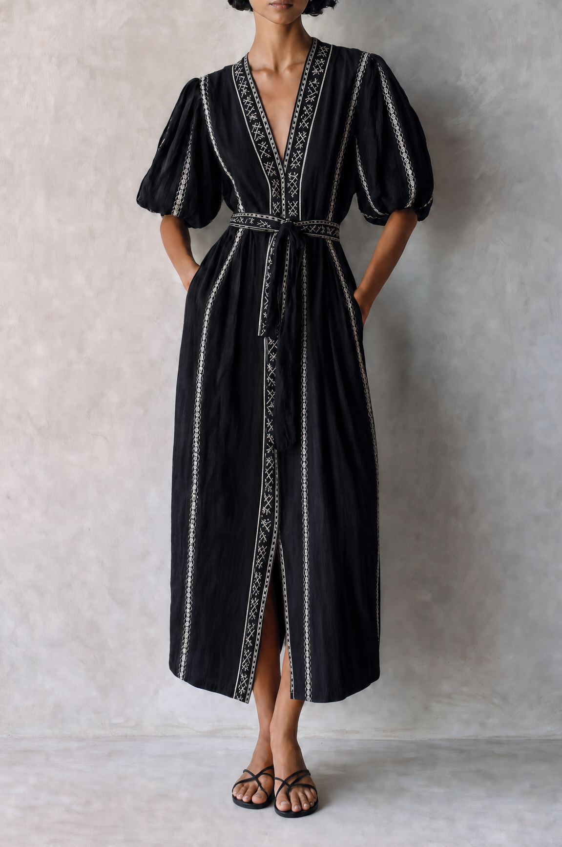 Women's Bohemian Black Cotton Blend V-Neck Puff Sleeve Geometric Embroidery Belted Midi DressMDZ0712G1ZSQ