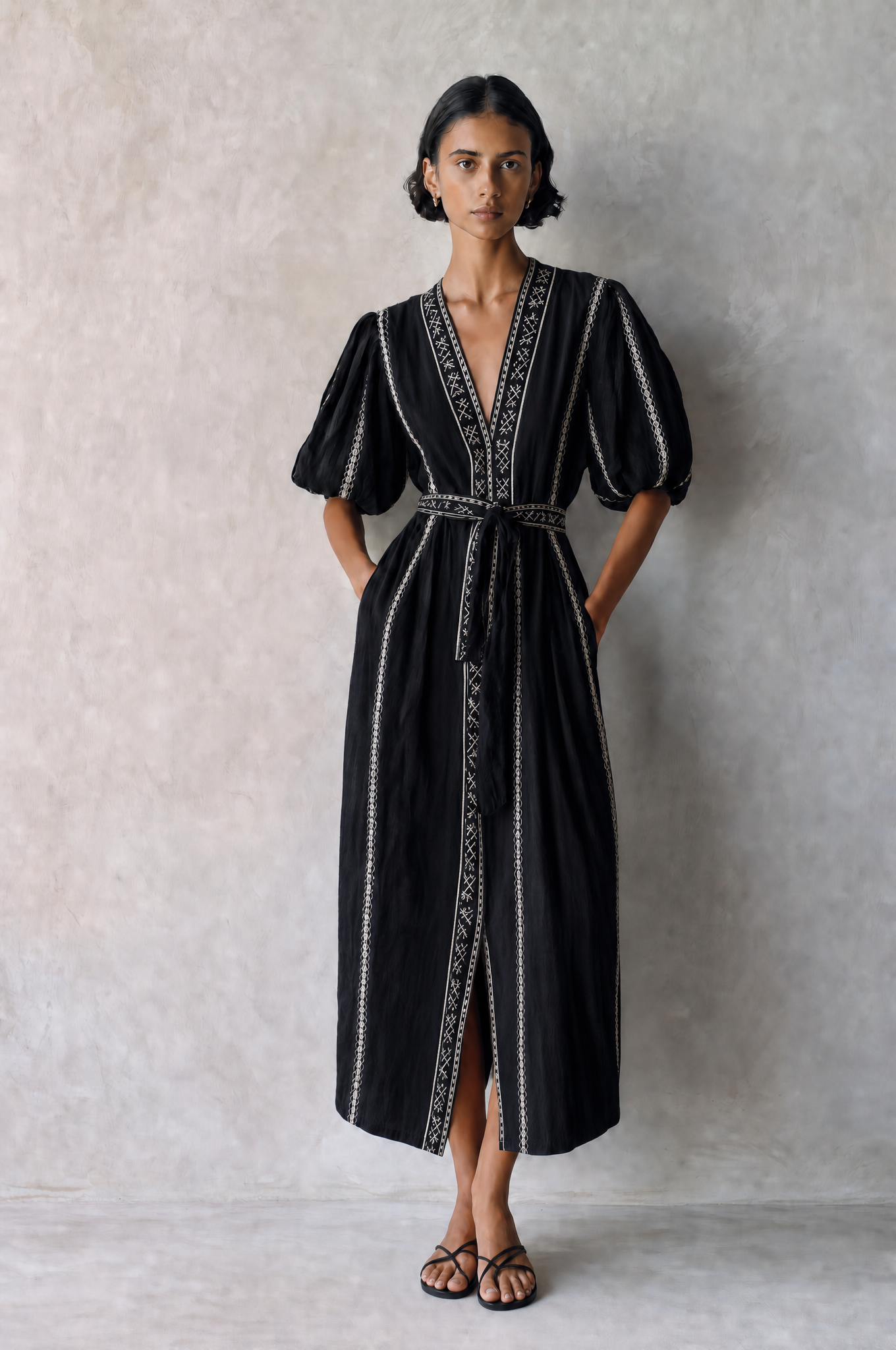 Women's Bohemian Black Cotton Blend V-Neck Puff Sleeve Geometric Embroidery Belted Midi DressMDZ0712G1ZSQ