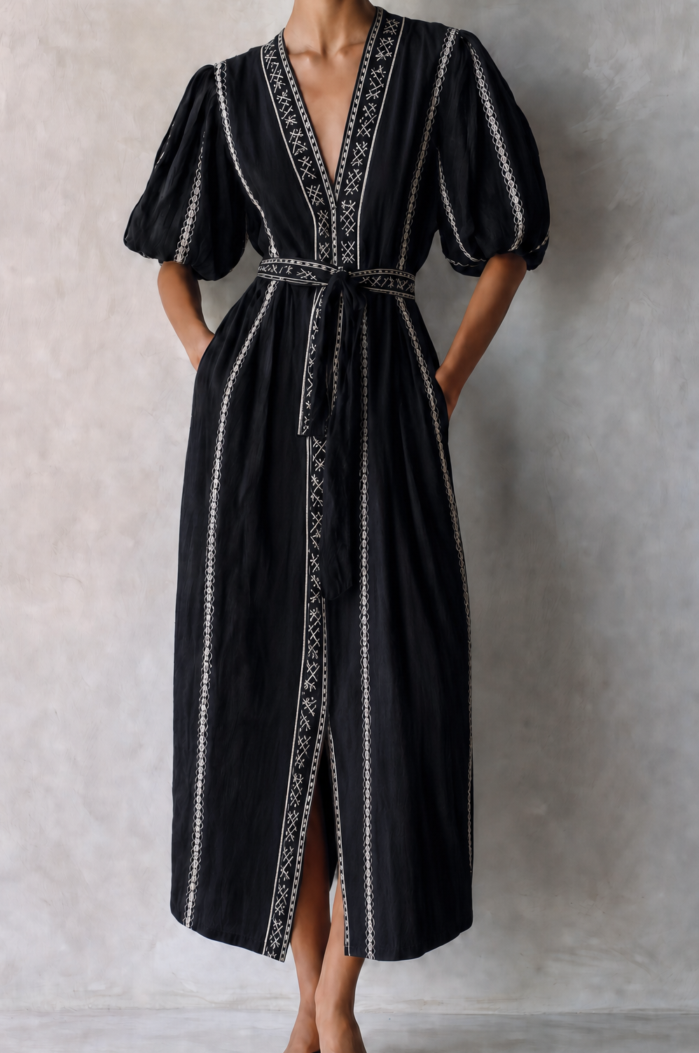 Women's Bohemian Black Cotton Blend V-Neck Puff Sleeve Geometric Embroidery Belted Midi DressMDZ0712G1ZSQ