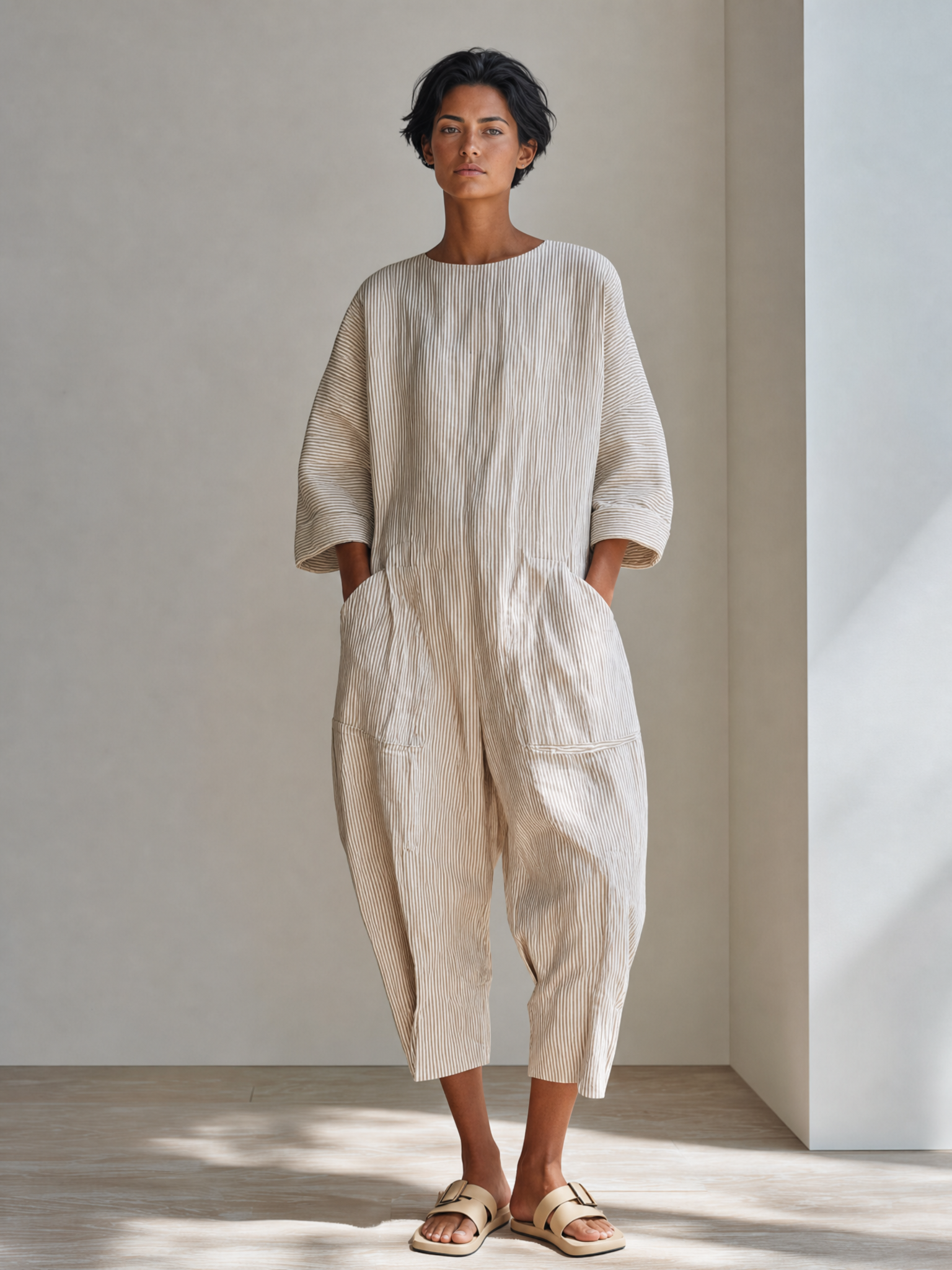 Women's Minimalist Beige Cotton Linen Blend Pinstripe Round Neck Dropped Shoulder Oversized Cropped JumpsuitMDZ0753G0ZSQ