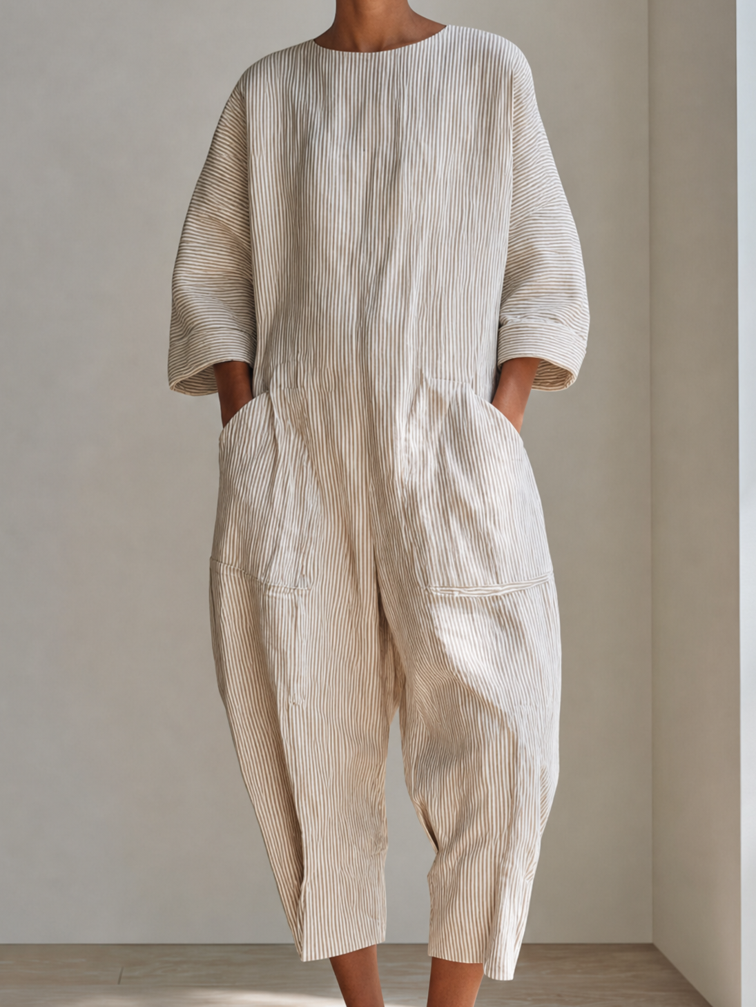 Women's Minimalist Beige Cotton Linen Blend Pinstripe Round Neck Dropped Shoulder Oversized Cropped JumpsuitMDZ0753G0ZSQ
