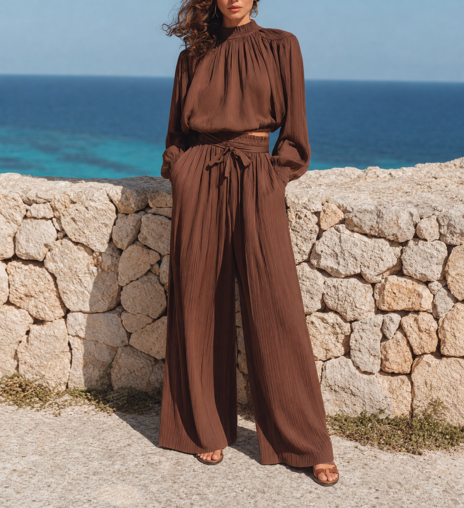 Women's Vacation-Style Coffee-Brown High-Neck Balloon-Sleeve Top + Tie-Waist High-Waist Wide-Leg Pants Two-Piece Set MDZ0734G6CMX