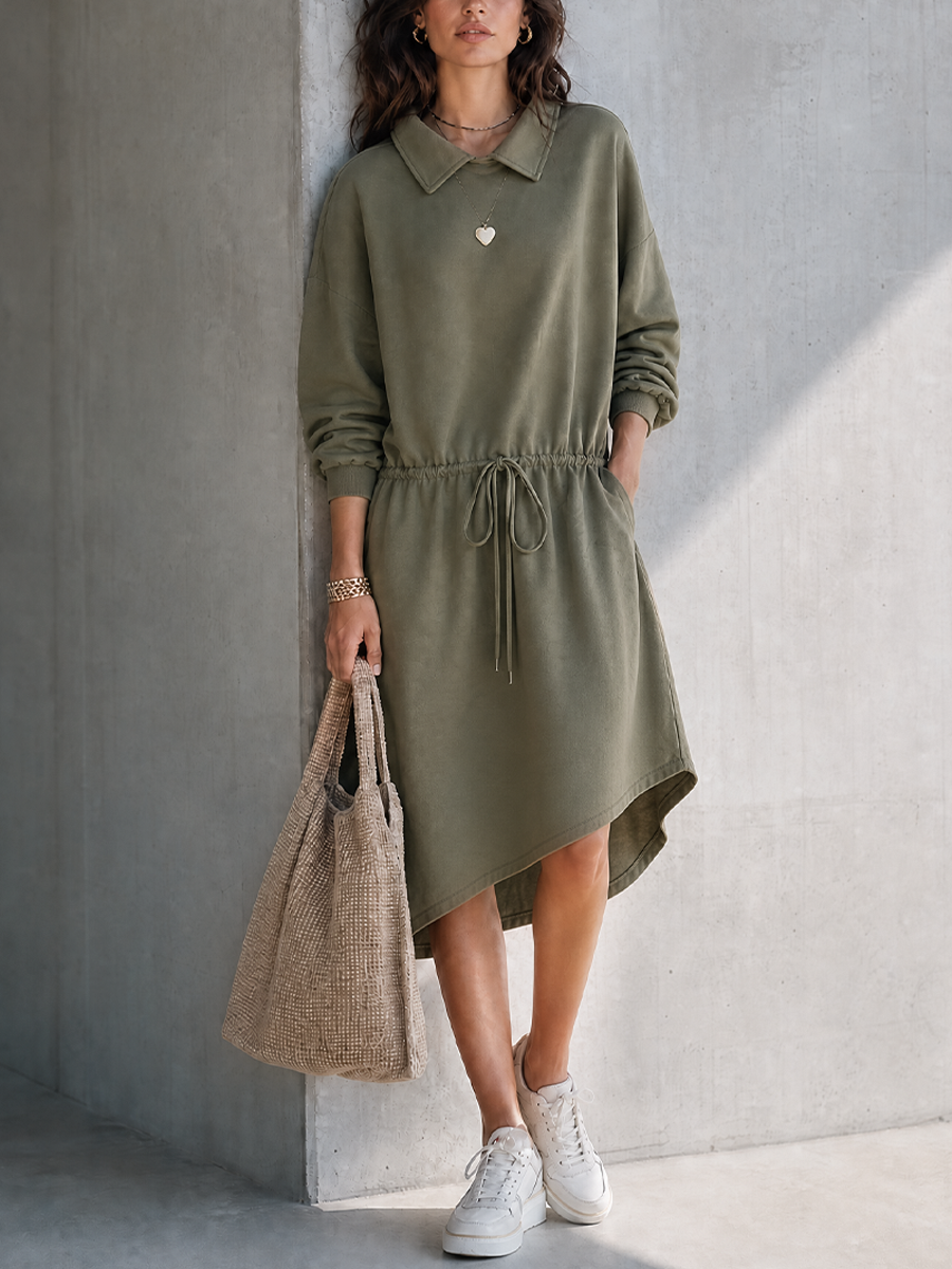 Women's Casual Workwear Style Army Green Cotton Blend Lapel Long Sleeve Drawstring Waist Midi Dress MDZ0726G9GMJ