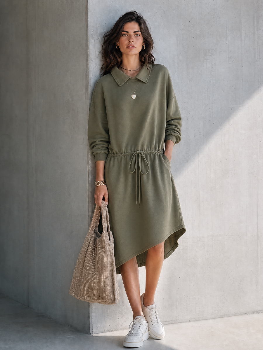 army casual dress BLTIBY Long Sleeve Dress for Women Summer Flowy Midi Dresses Round Neck Waisted Vacation Casual Dress Army Green L