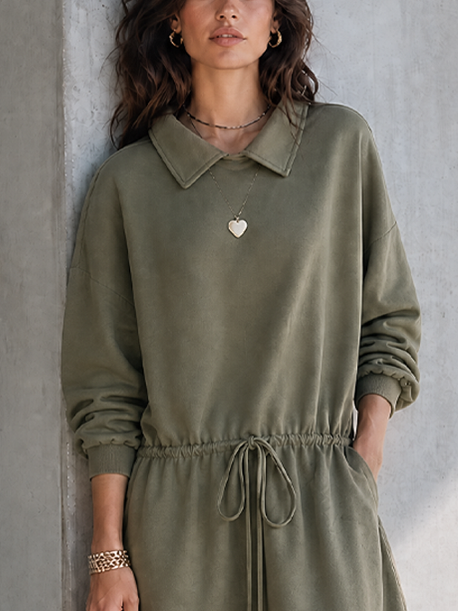army casual dress Women's Casual Workwear Style Army Green Cotton Blend Lapel Long Sleev Modesees