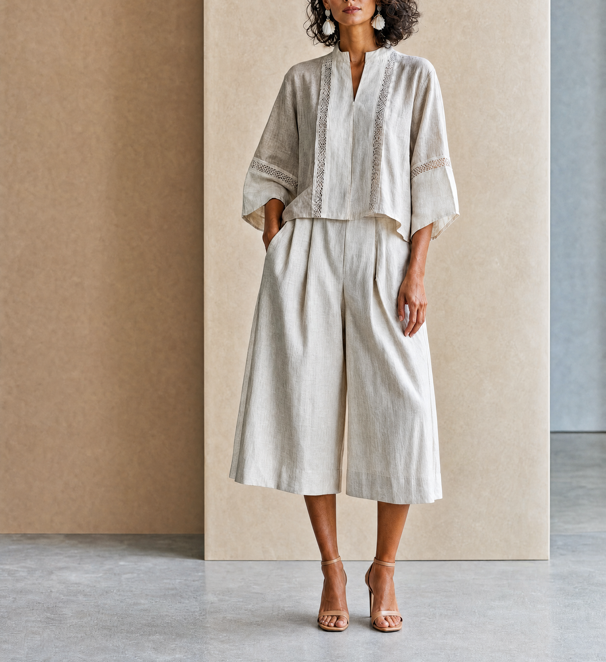 Women's Vacation-Style Cotton-Linen  Patchwork Stand-Collar Cropped Top + High-Waist Wide-Leg Pants MDZ0779G6CMX