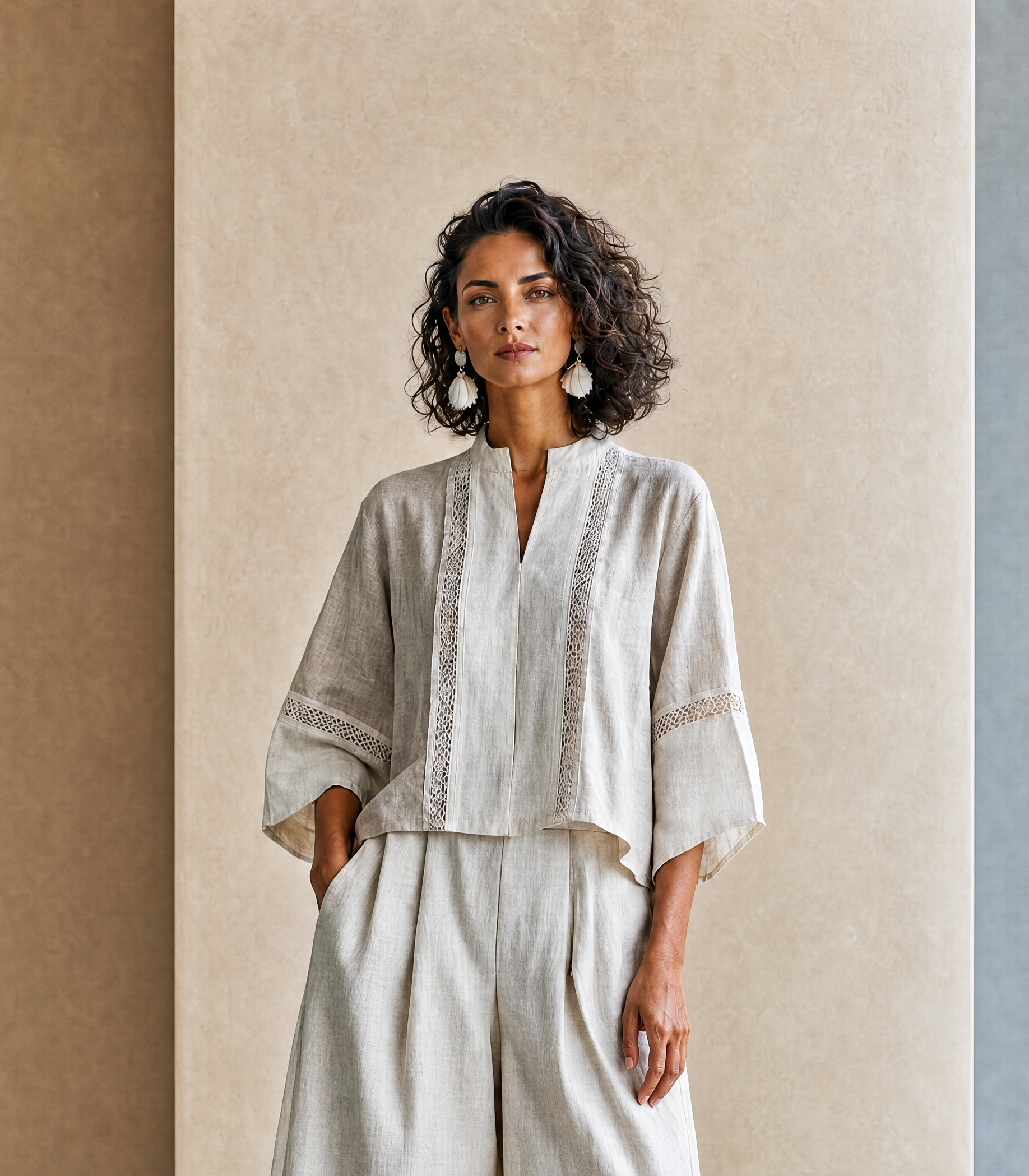Women's Vacation-Style Cotton-Linen  Patchwork Stand-Collar Cropped Top + High-Waist Wide-Leg Pants MDZ0779G6CMX