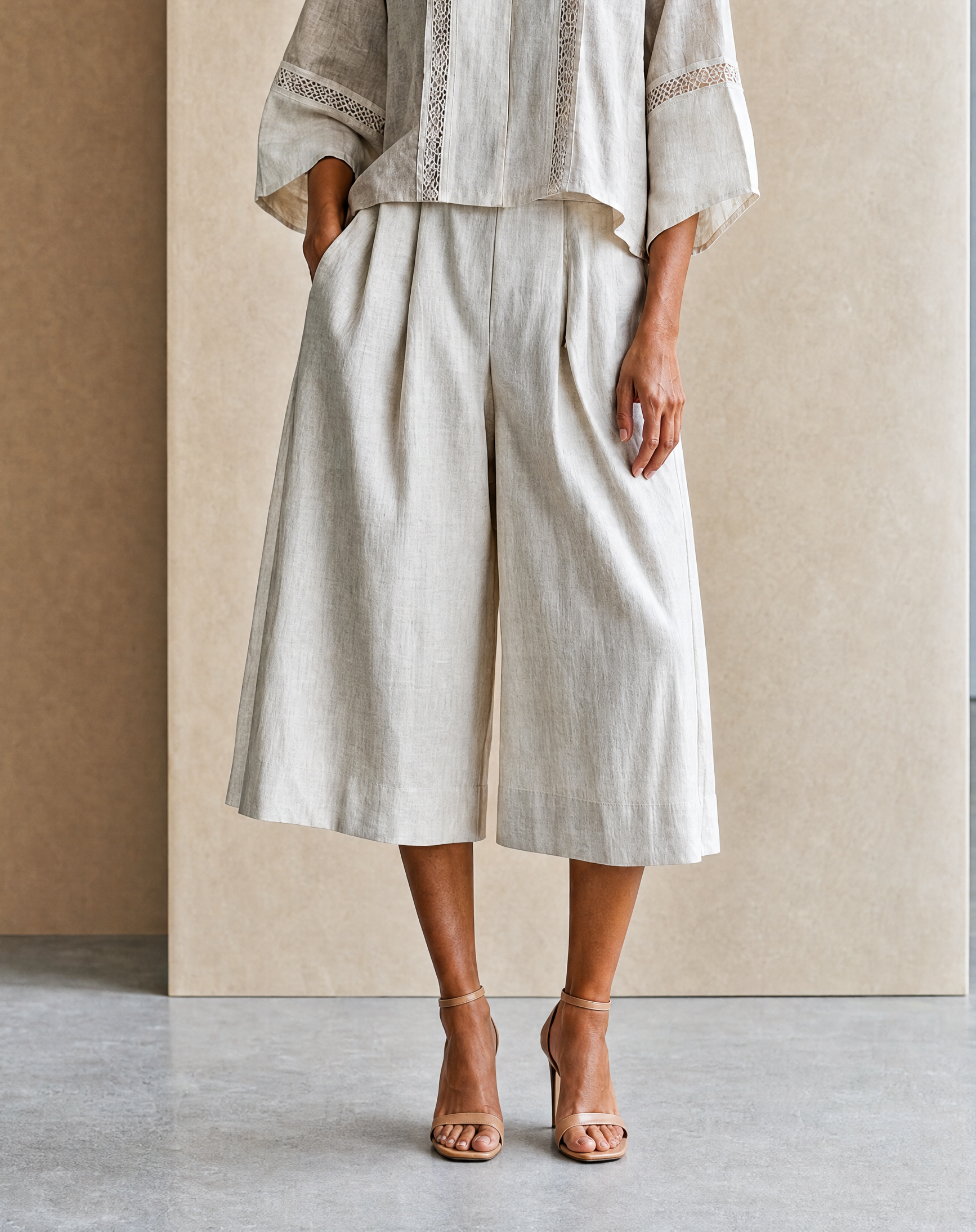 Women's Vacation-Style Cotton-Linen  Patchwork Stand-Collar Cropped Top + High-Waist Wide-Leg Pants MDZ0779G6CMX