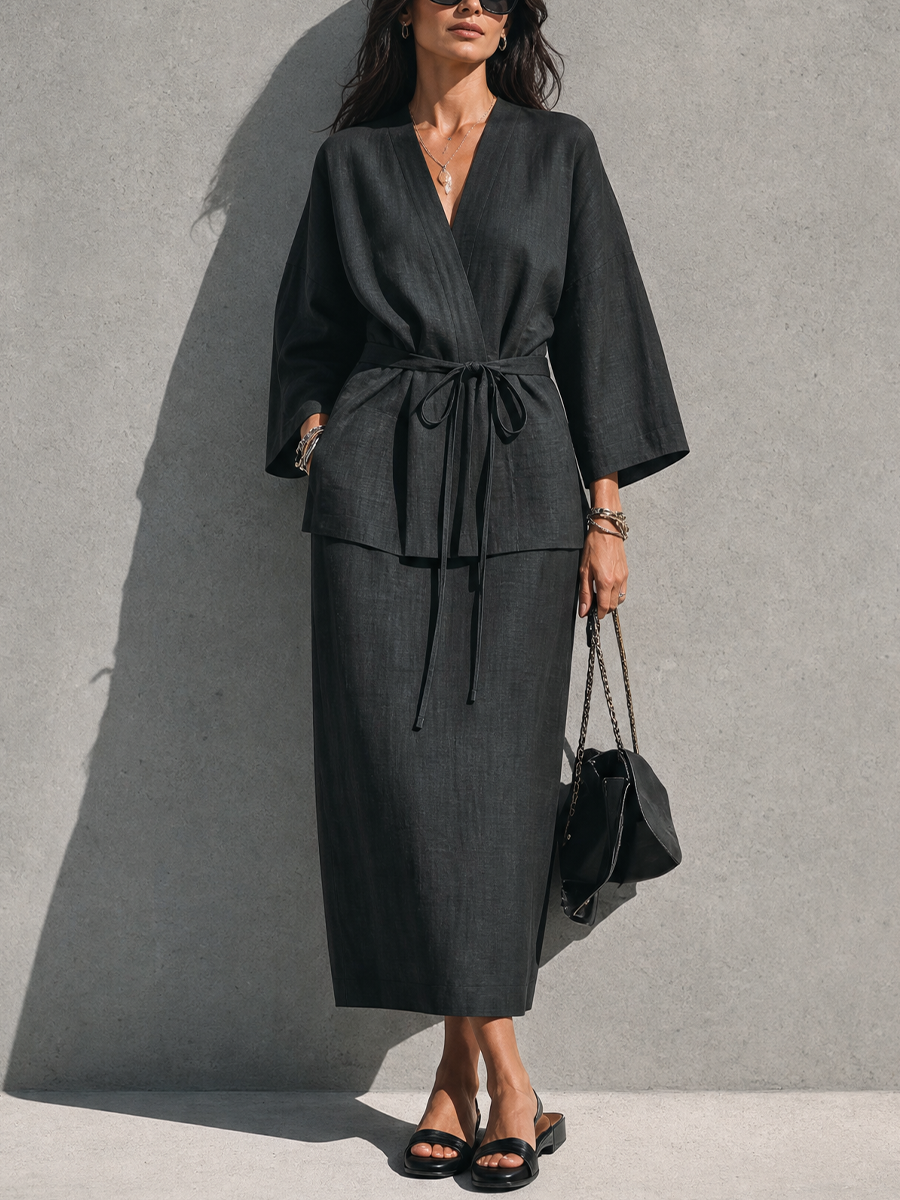 Women's Minimalist Relaxed Style Black Linen Cotton V-Neck 3/4 Sleeve Tie Wrap Top Midi Skirt Set MDZ0733G7GMJ