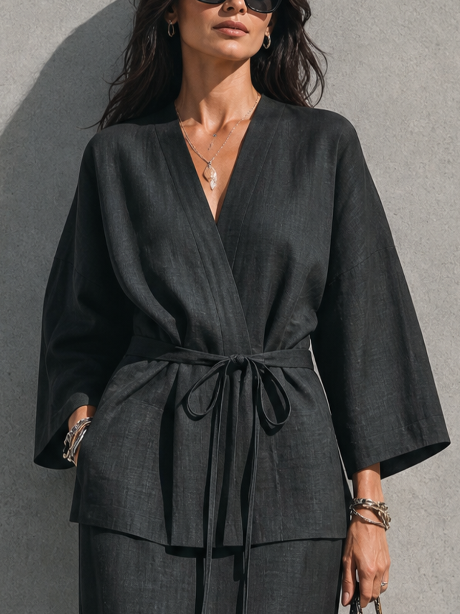 Women's Minimalist Relaxed Style Black Linen Cotton V-Neck 3/4 Sleeve Tie Wrap Top Midi Skirt Set MDZ0733G7GMJ