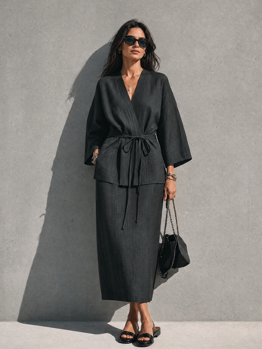 Women's Minimalist Relaxed Style Black Linen Cotton V-Neck 3/4 Sleeve Tie Wrap Top Midi Skirt Set MDZ0733G7GMJ