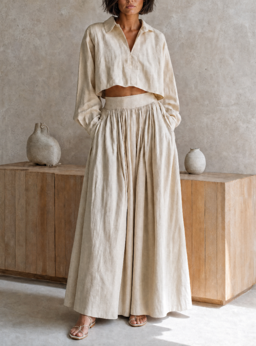 Women's Vacation-Style Beige Cotton-Linen Collared Dropped-Shoulder Long-Sleeve Cropped Top + High-Waist Pleated Wide-Leg Pants MDZ0766G0CMX