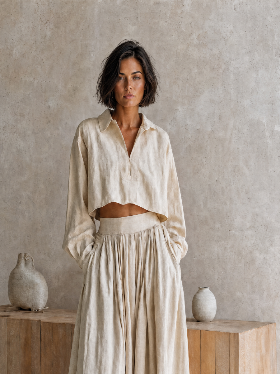 Women's Vacation-Style Beige Cotton-Linen Collared Dropped-Shoulder Long-Sleeve Cropped Top + High-Waist Pleated Wide-Leg Pants MDZ0766G0CMX