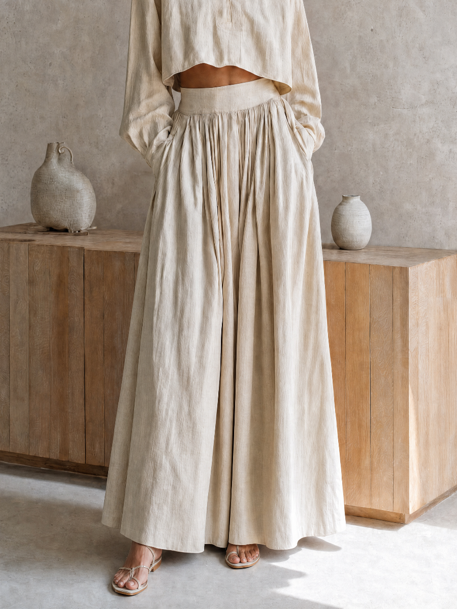Women's Vacation-Style Beige Cotton-Linen Collared Dropped-Shoulder Long-Sleeve Cropped Top + High-Waist Pleated Wide-Leg Pants MDZ0766G0CMX