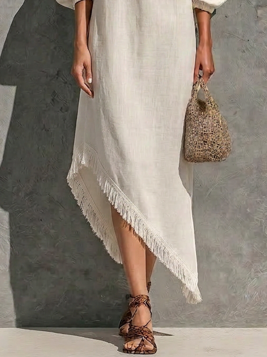 Women’s Off White Cotton-linen Blend Off The Shoulder Elastic Neck Puff Cuffed Sleeve Asymmetrical Fringe Hem Maxi Dress MDZ0777G7YZJ