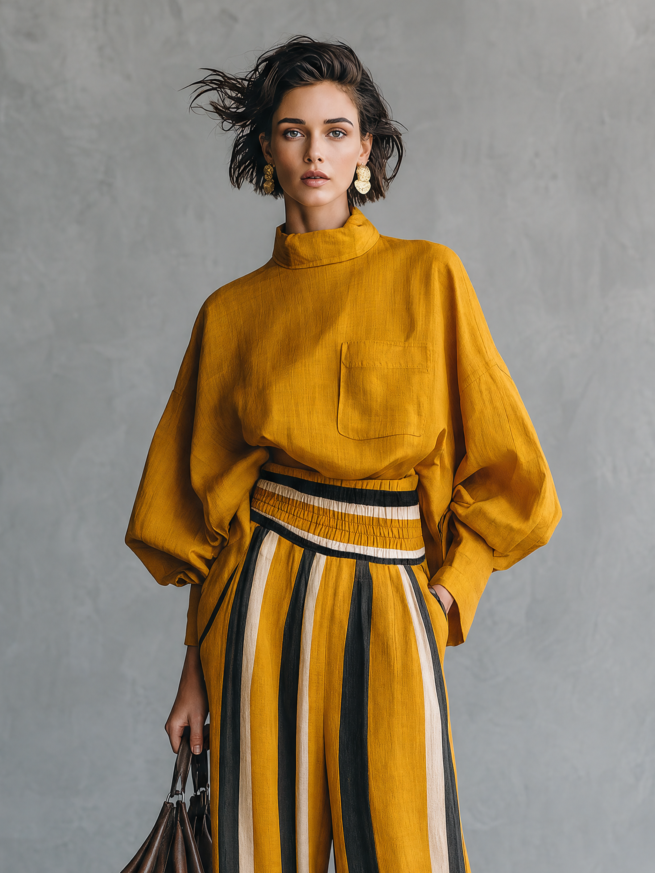 Women's Minimalist Linen-Blend Mock-Neck Lantern-Sleeve Blouse And Striped Print Trouser Set MDZ0824G8WY