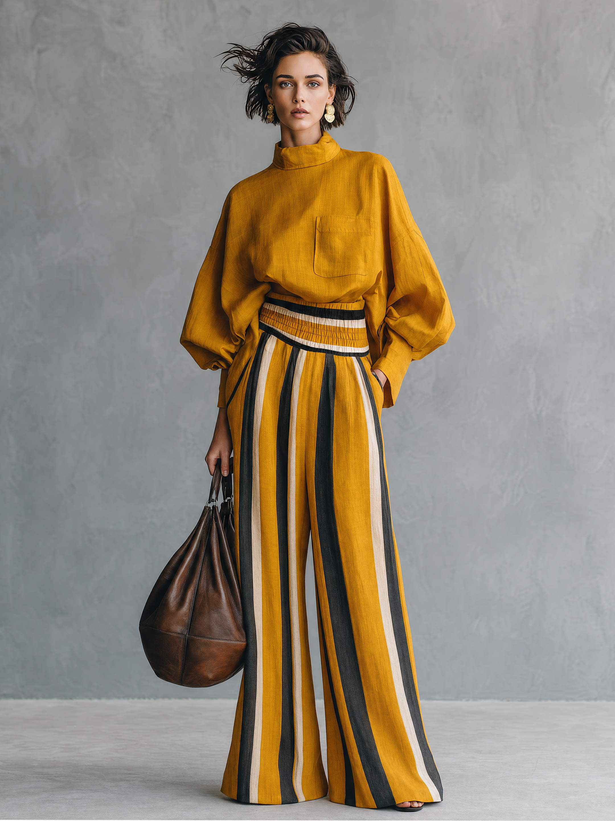 Women's Minimalist Linen-Blend Mock-Neck Lantern-Sleeve Blouse And Striped Print Trouser Set MDZ0824G8WY