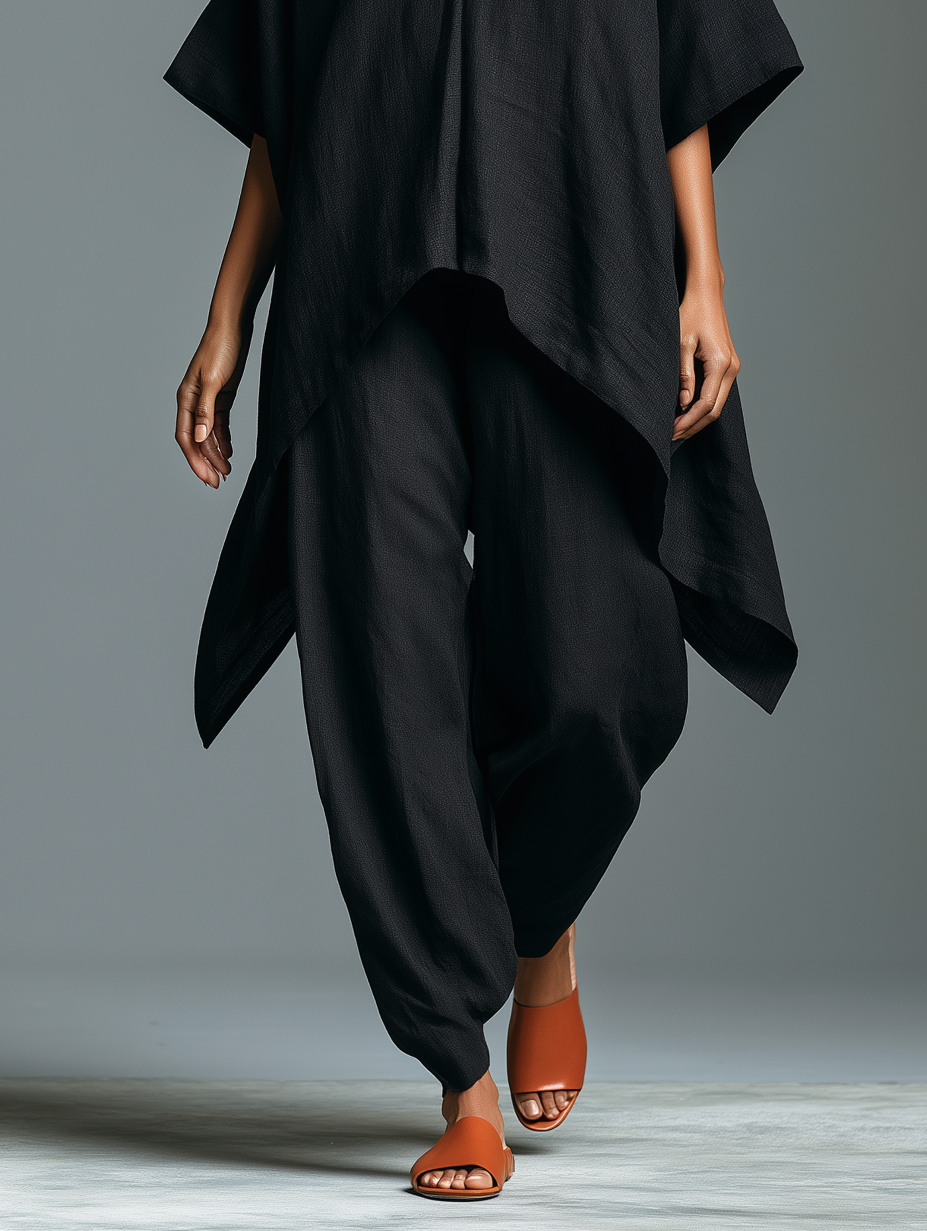 Women's Minimalist Linen-blend V-neck Mid-sleeve Blouse And Lantern Pants Set With An Asymmetrical Hem MDZ0852G6WY