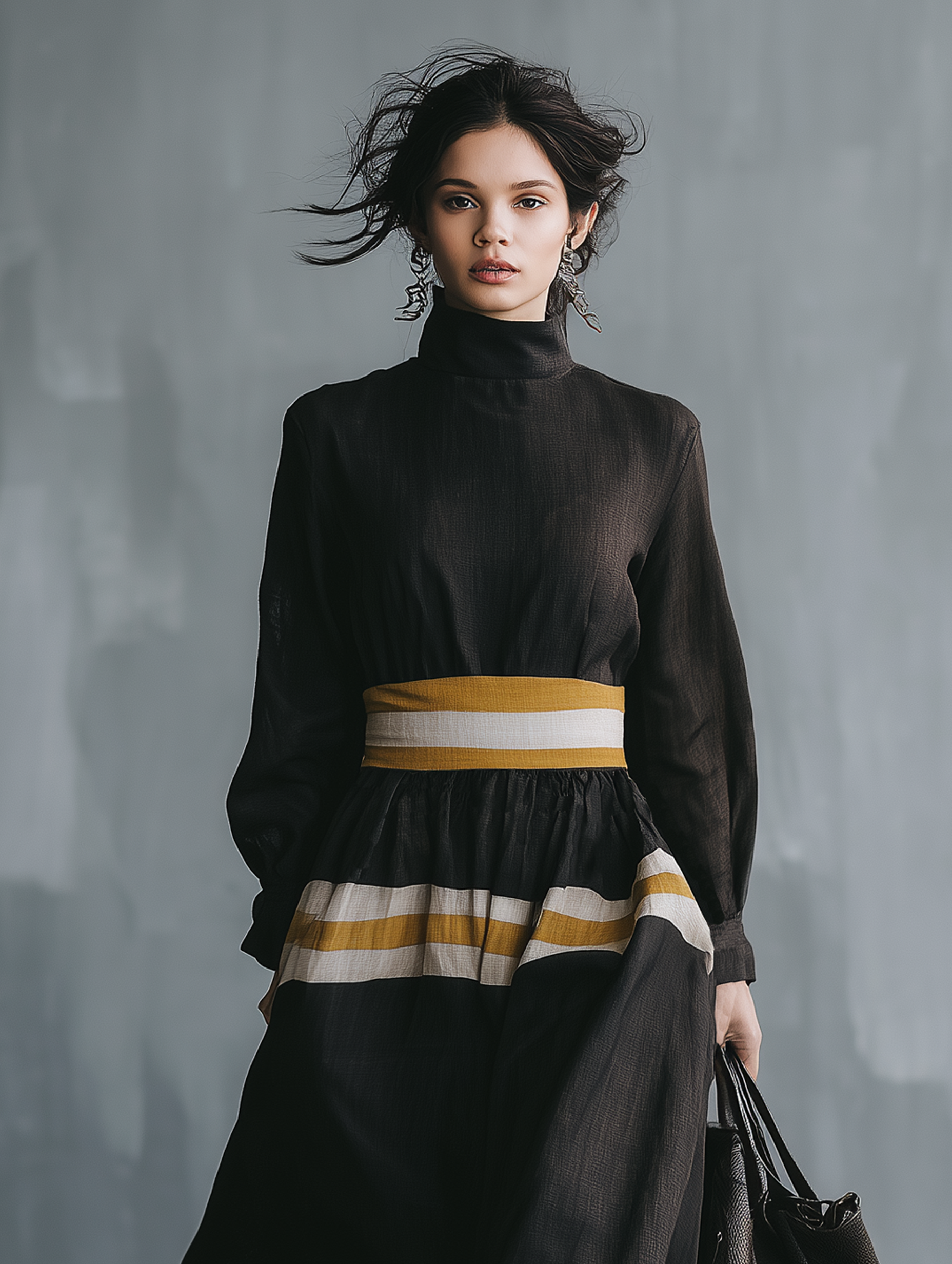 Women's Minimalist Color-Block Linen-Blend Long-Sleeve Maxi Dress With Mock Neck MDZ0872G8WY