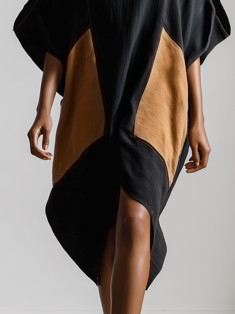 Women’s Black & Brown Cotton-linen Blend Geometric Color Block Cold Shoulder V Neck Batwing Sleeve Midi Dress MDZ0710G5YZJ