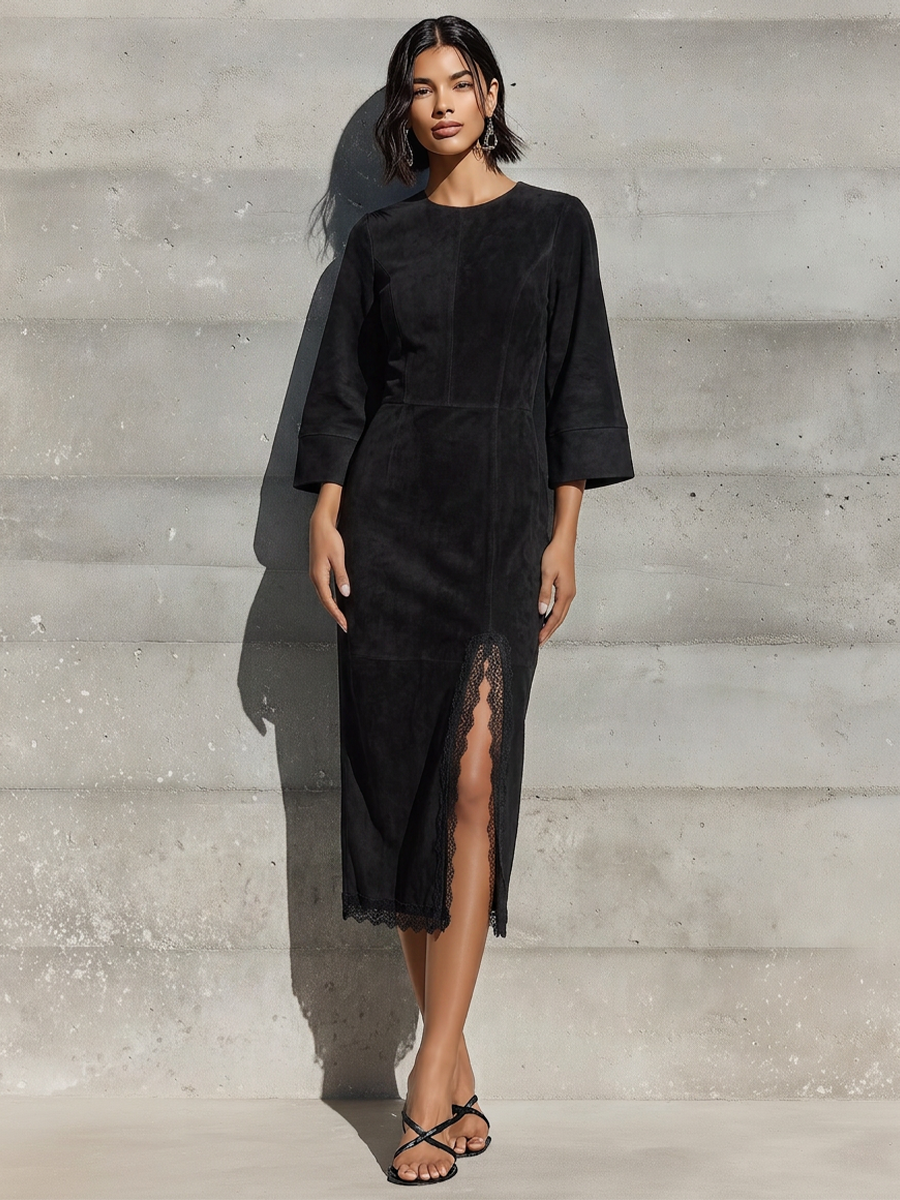 Women's Black Faux Suede Crew Neck Flare Three Quarter Sleeve Lace Tri – Modesees