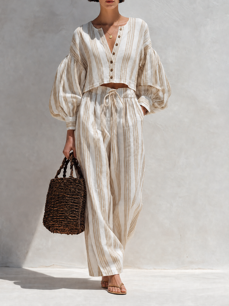 Women's Bohemian Beige Striped Cotton Linen Blend V-Neck Balloon Sleeve Cropped Top And Wide-Leg Pants Two-Piece SetMDZ0966G9ZSQ