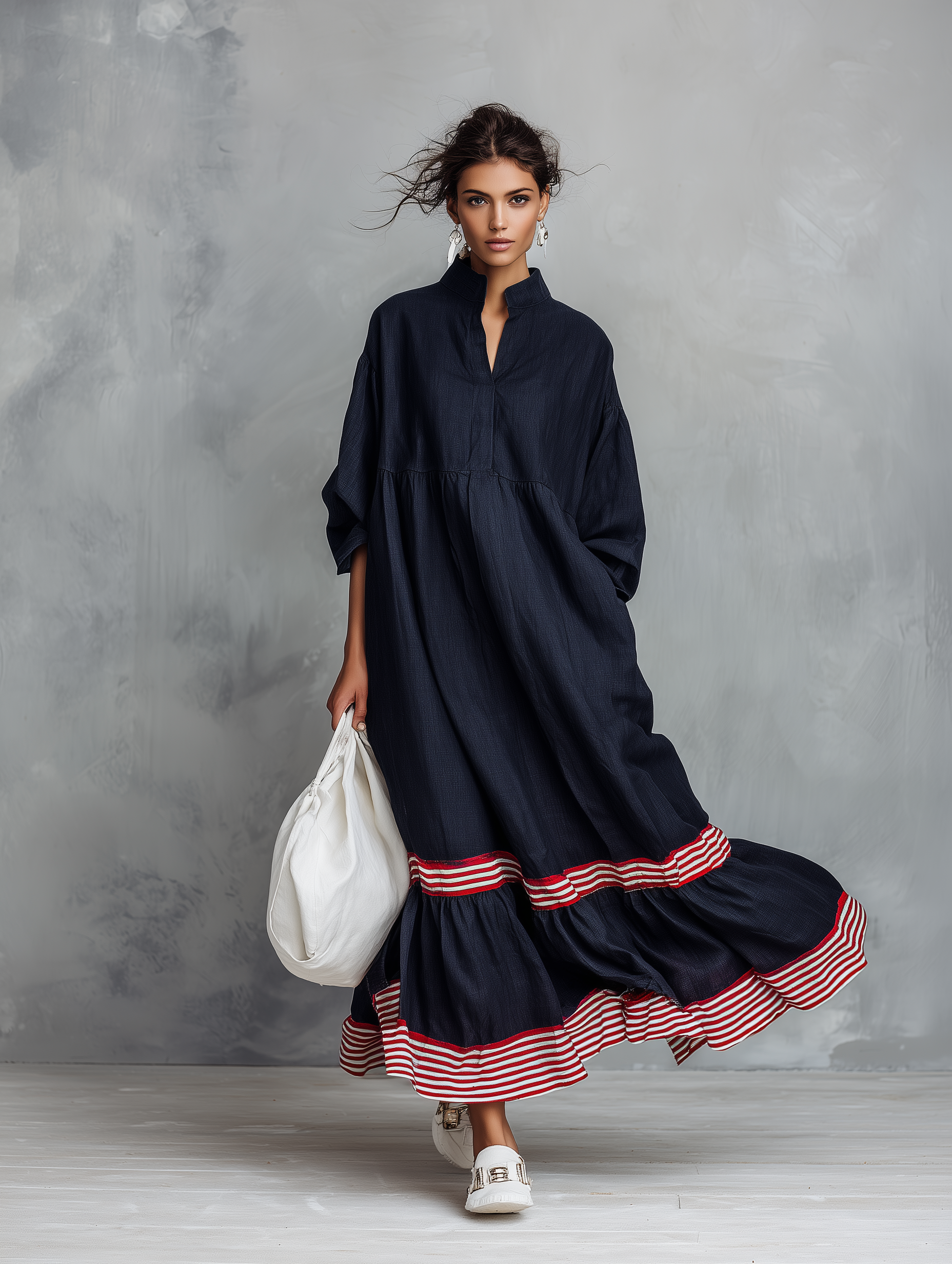 Women's Minimalist Linen-Blend Long-Sleeve Maxi Dress With Striped Hem – Modesees
