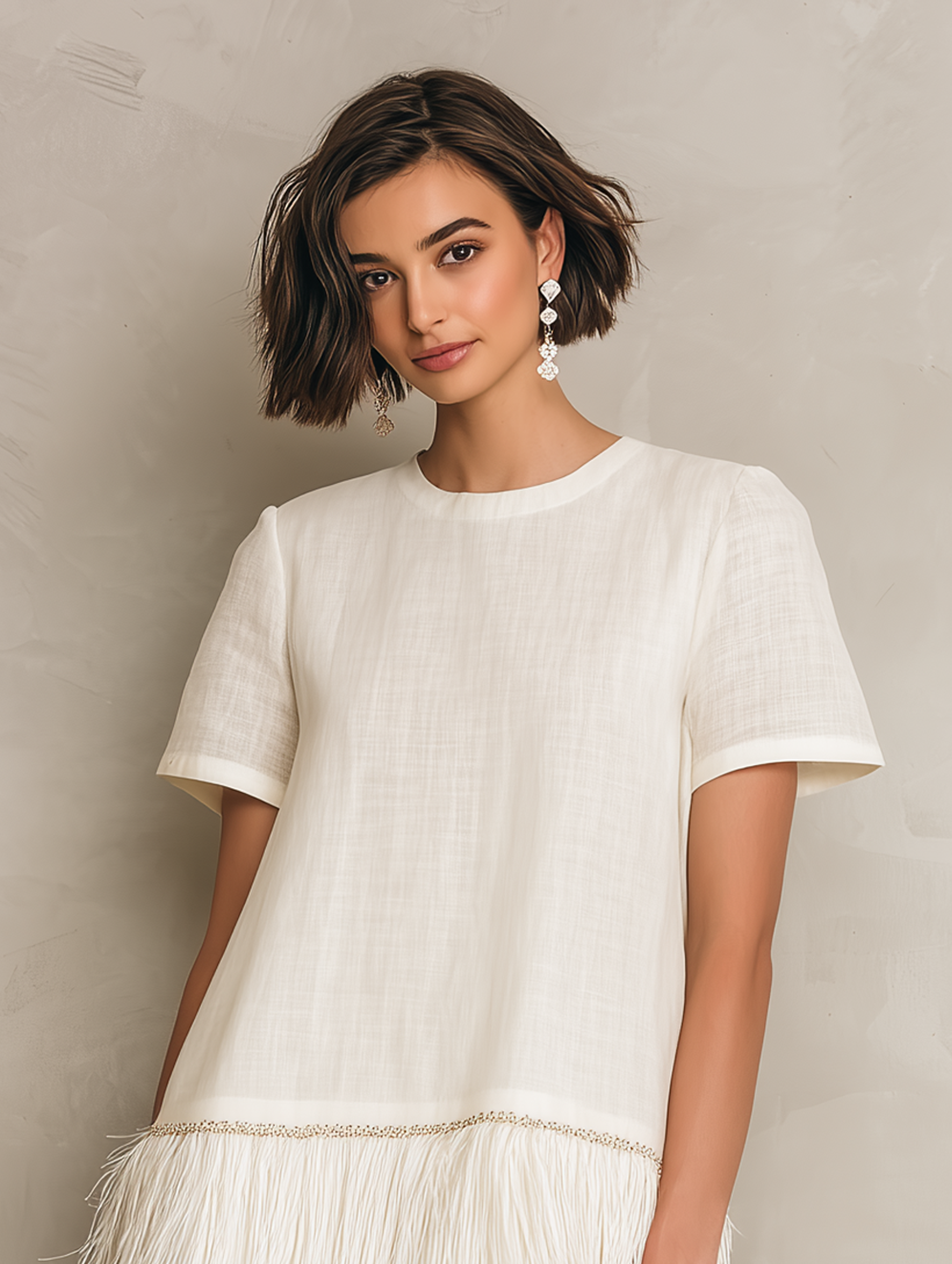Women's Minimalist Solid-Color Short-Sleeve Mini Dress With Fringed Hem MDZ0967G9WY