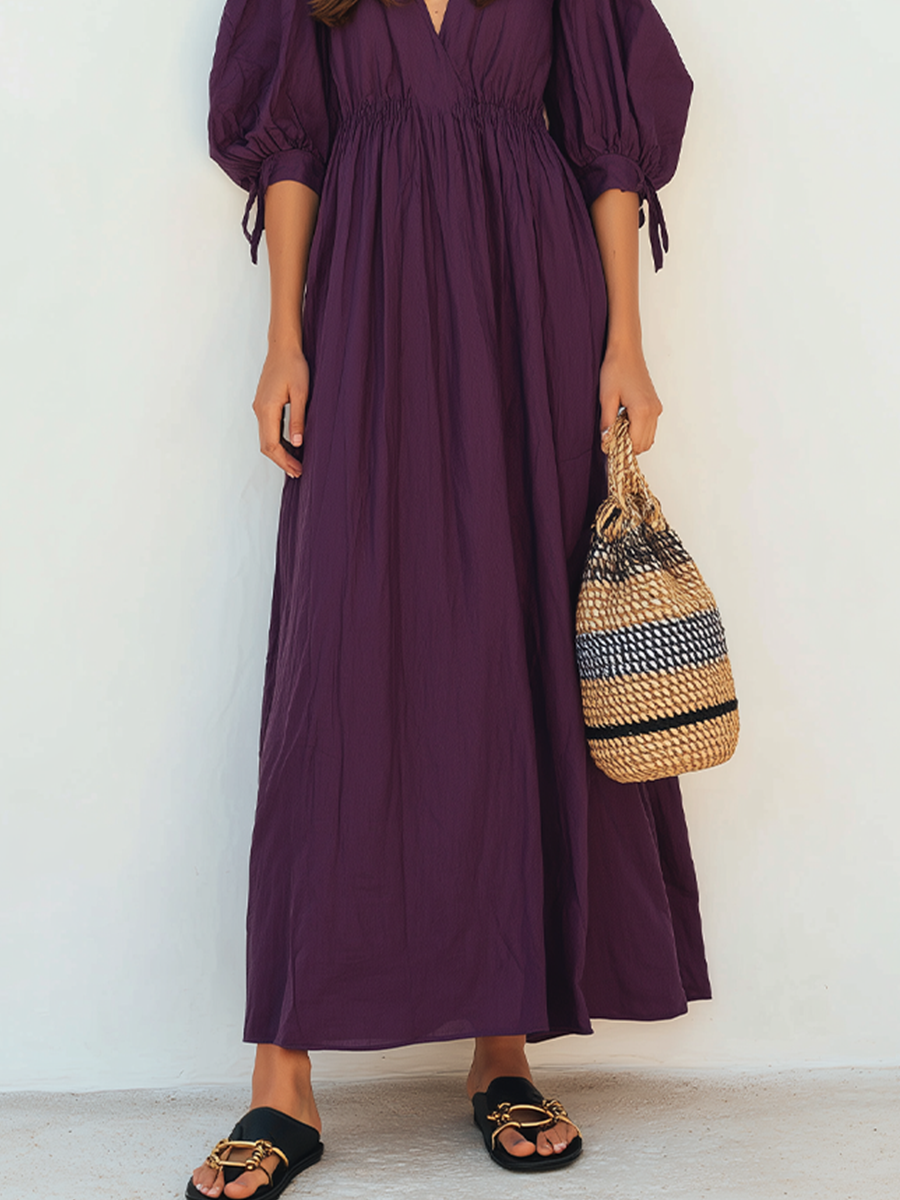 Women's Dark Purple Crinkled Woven Maxi Dress With V Neck Tie Cuff Puff Sleeves & Smocked Elastic Waist, Boho Casual Resort Flowy Maxi Dress MDZ0956G8LYL