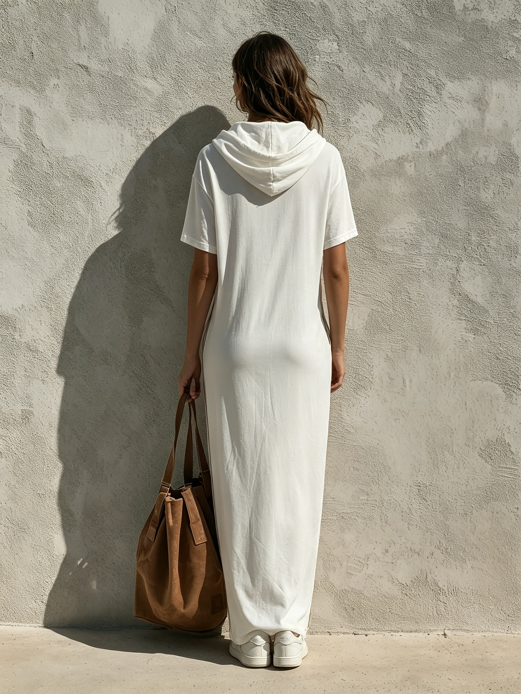 Women's Casual White Woven Hooded Short-sleeve Sporty Maxi Dress MDZ0987G2LXY