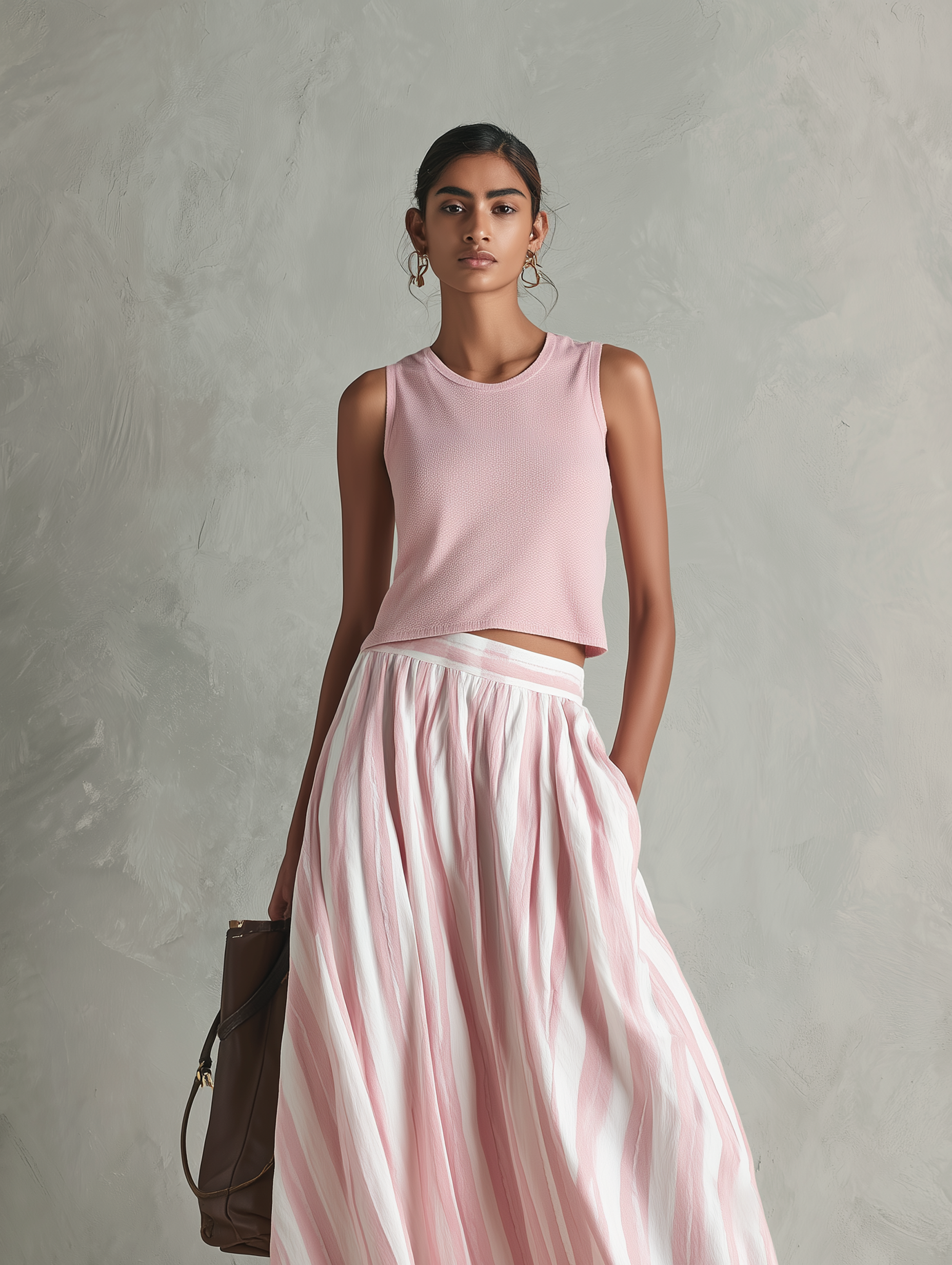 Women's Casual Pink Stretch-knit Sleeveless Round-neck Top Paired With A Woven Pink Printed Maxi Skirt MDZ0986G3LXY