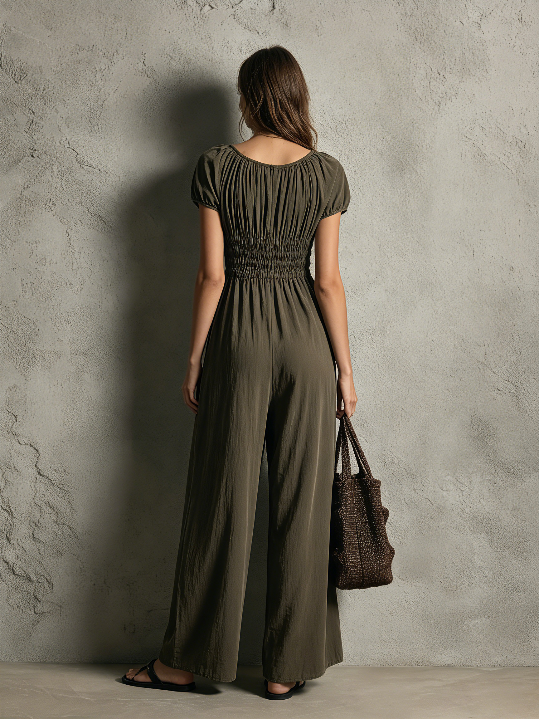 Women's Casual Dark Green Woven Short-sleeve Crew-neck Jumpsuit MDZ0978G8LXY